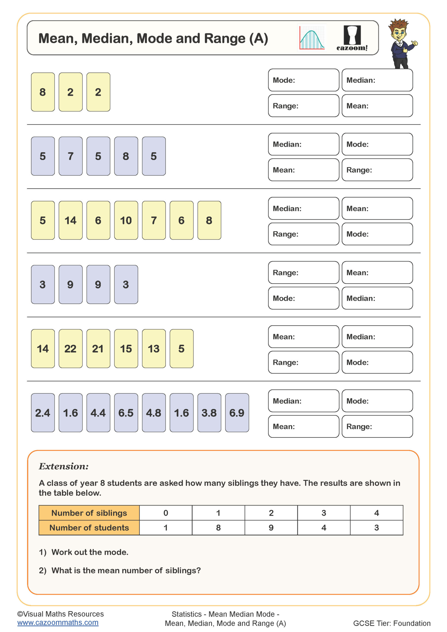 Preview of Mean, Median, Mode and Range (A)