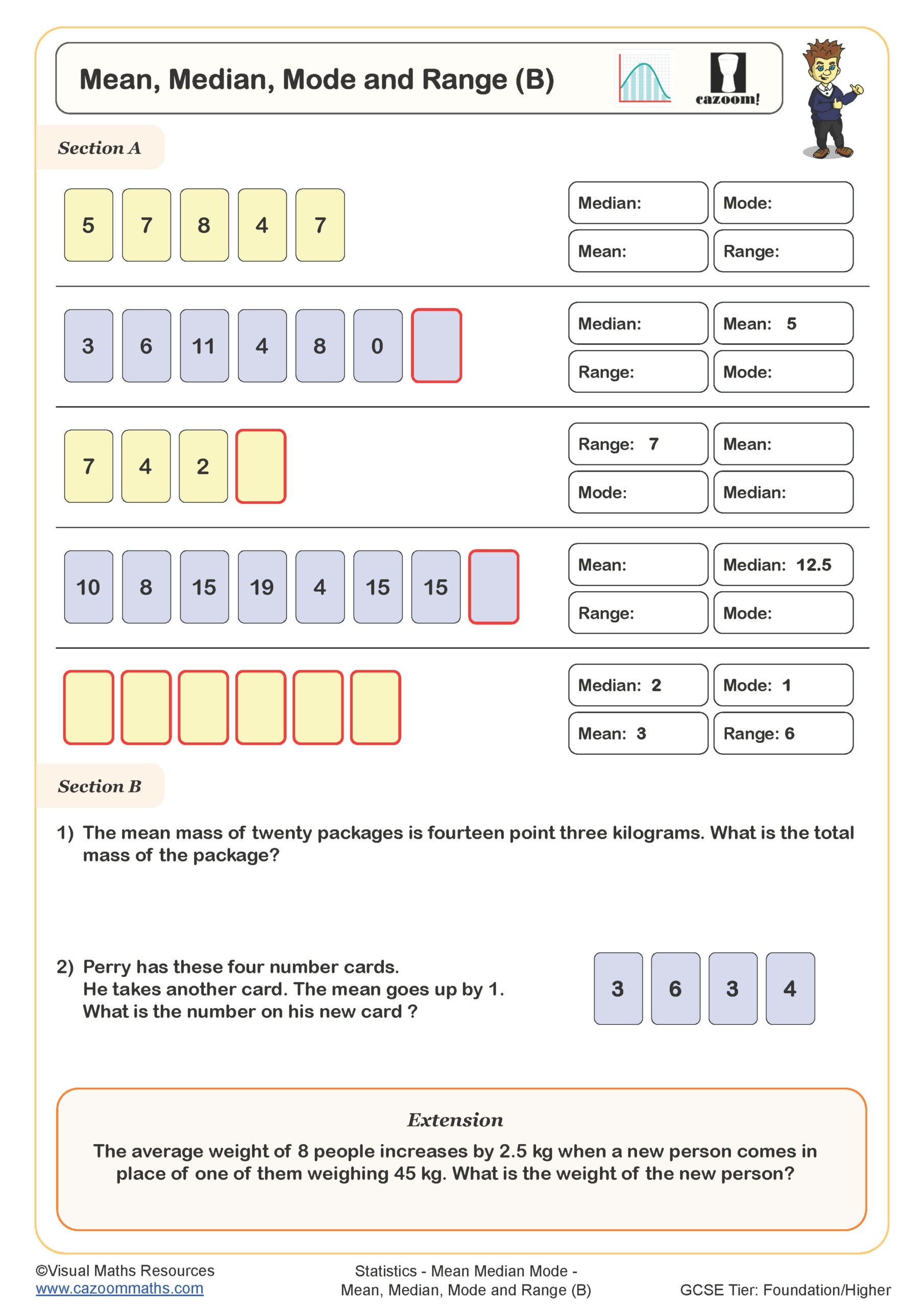 Preview of Mean, Median, Mode and Range (B)