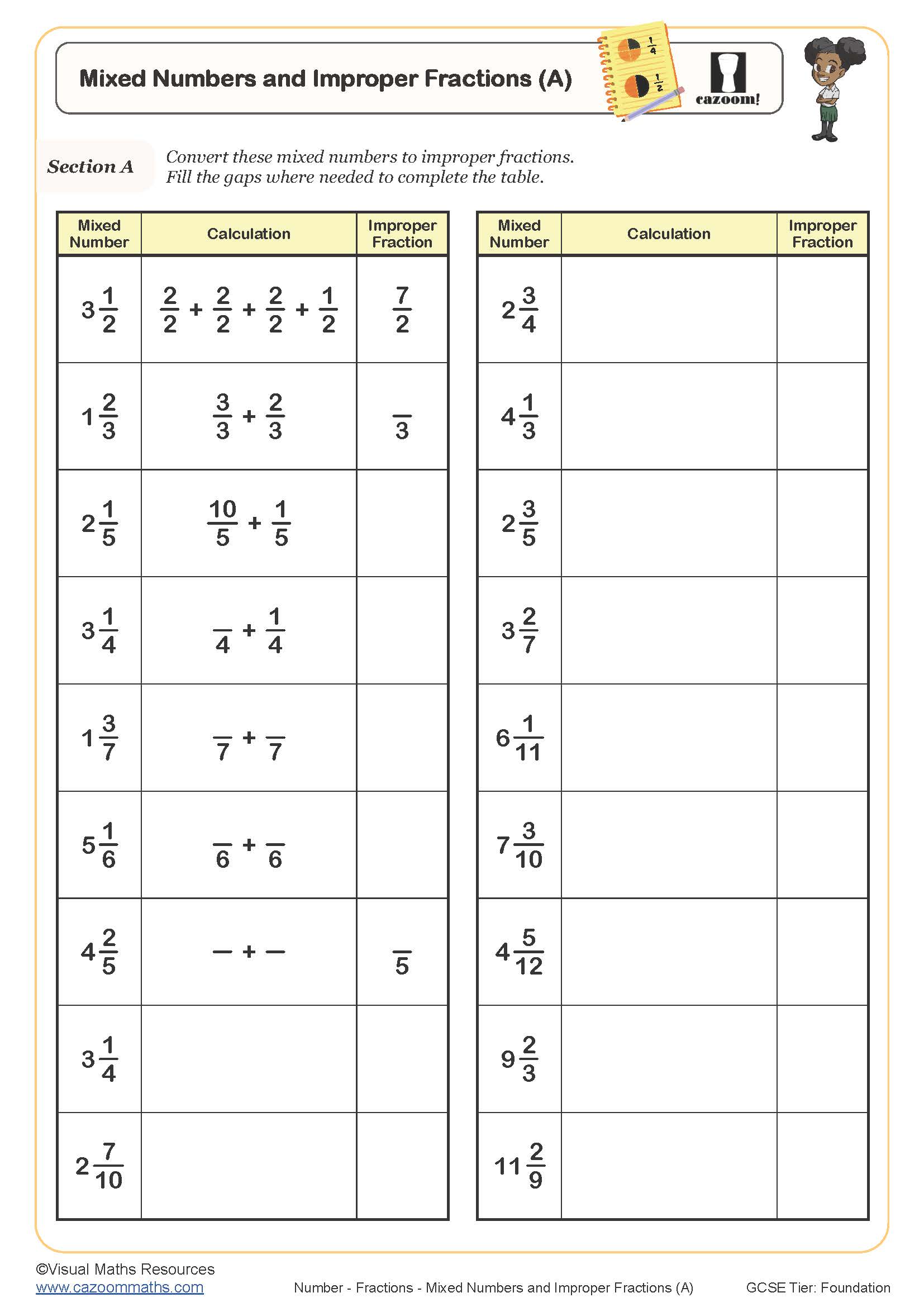 Preview of Mixed Numbers and Improper Fractions (A)
