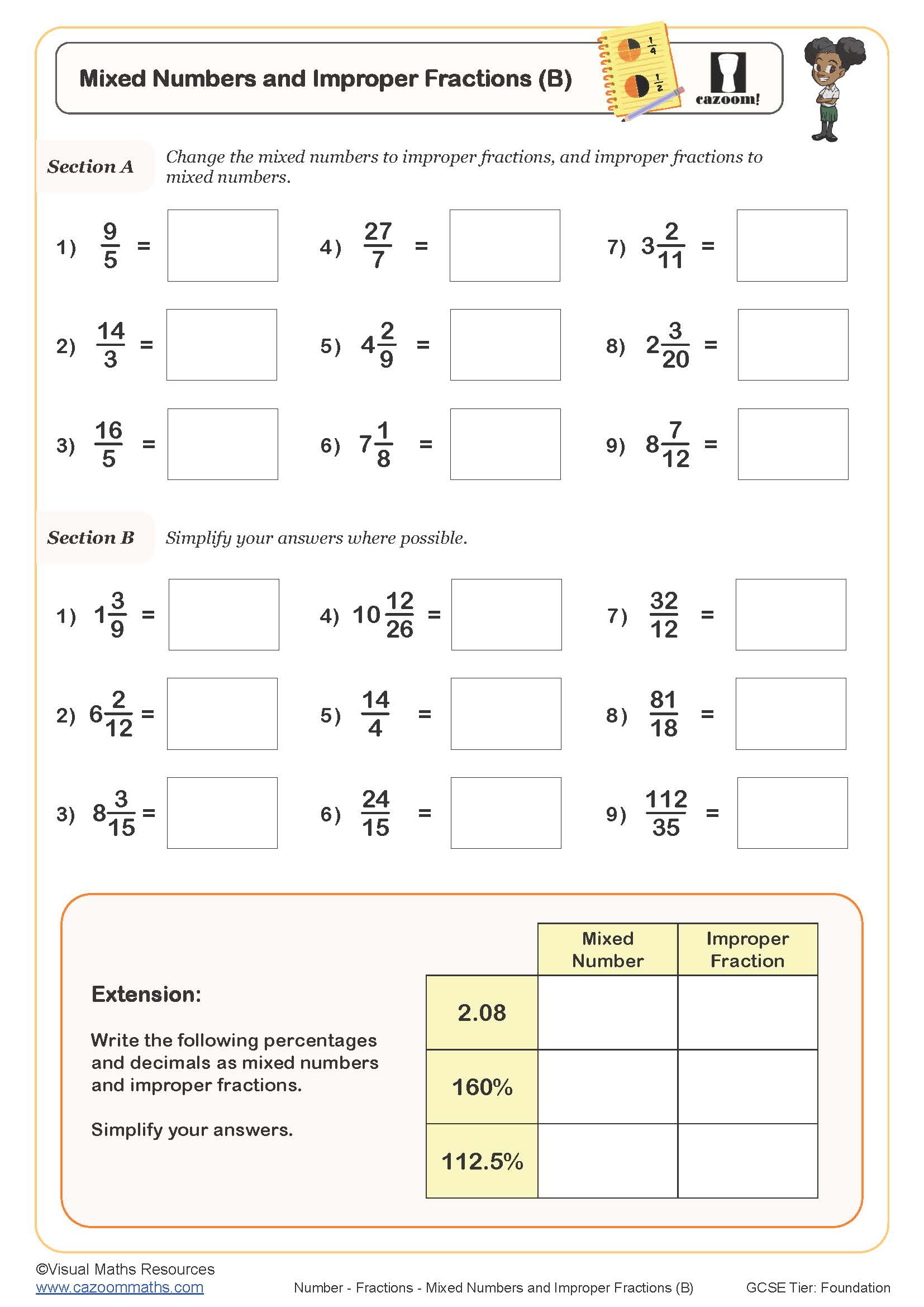 Preview of Mixed Numbers and Improper Fractions (B)