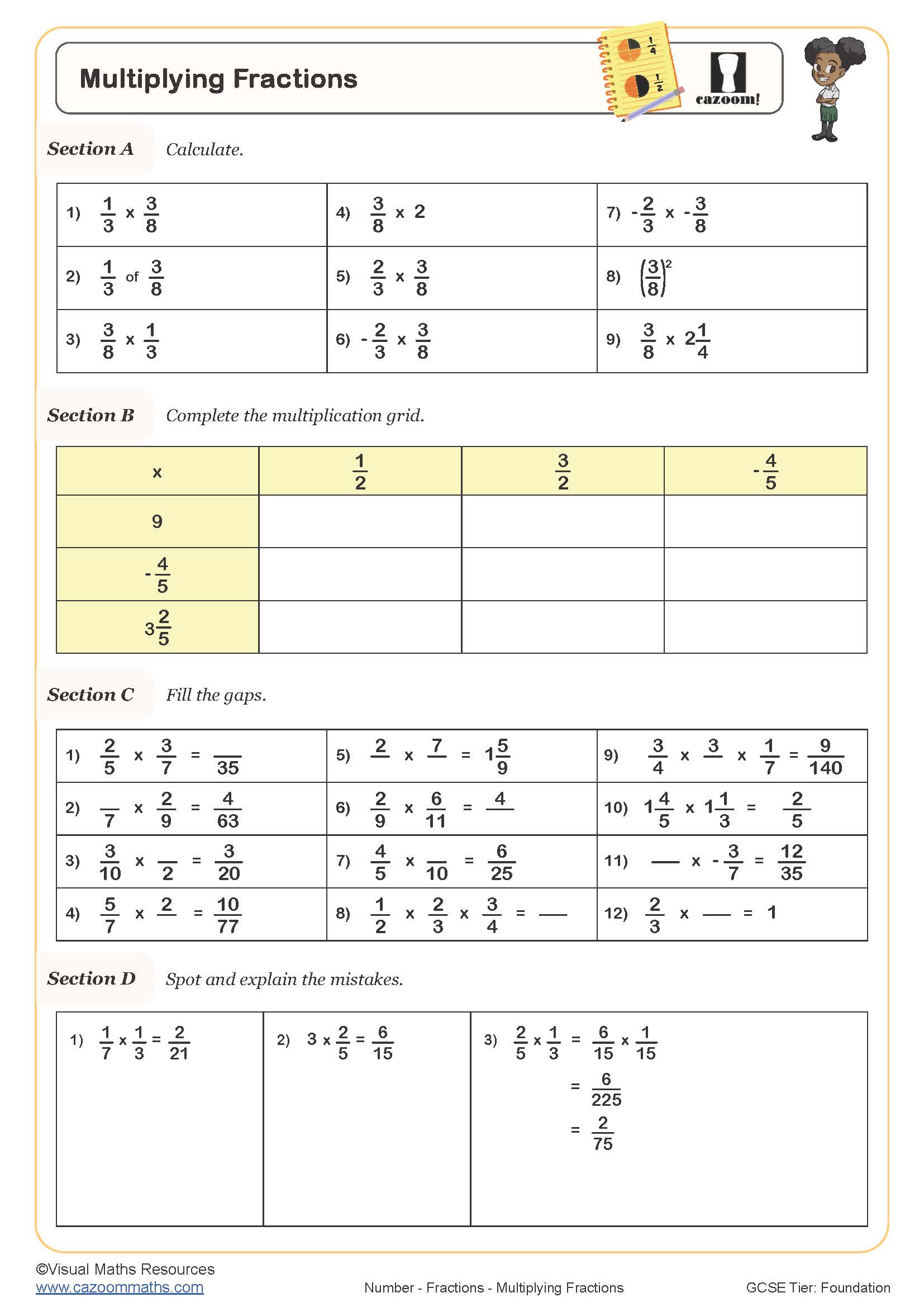 Multiplying Fractions Worksheet