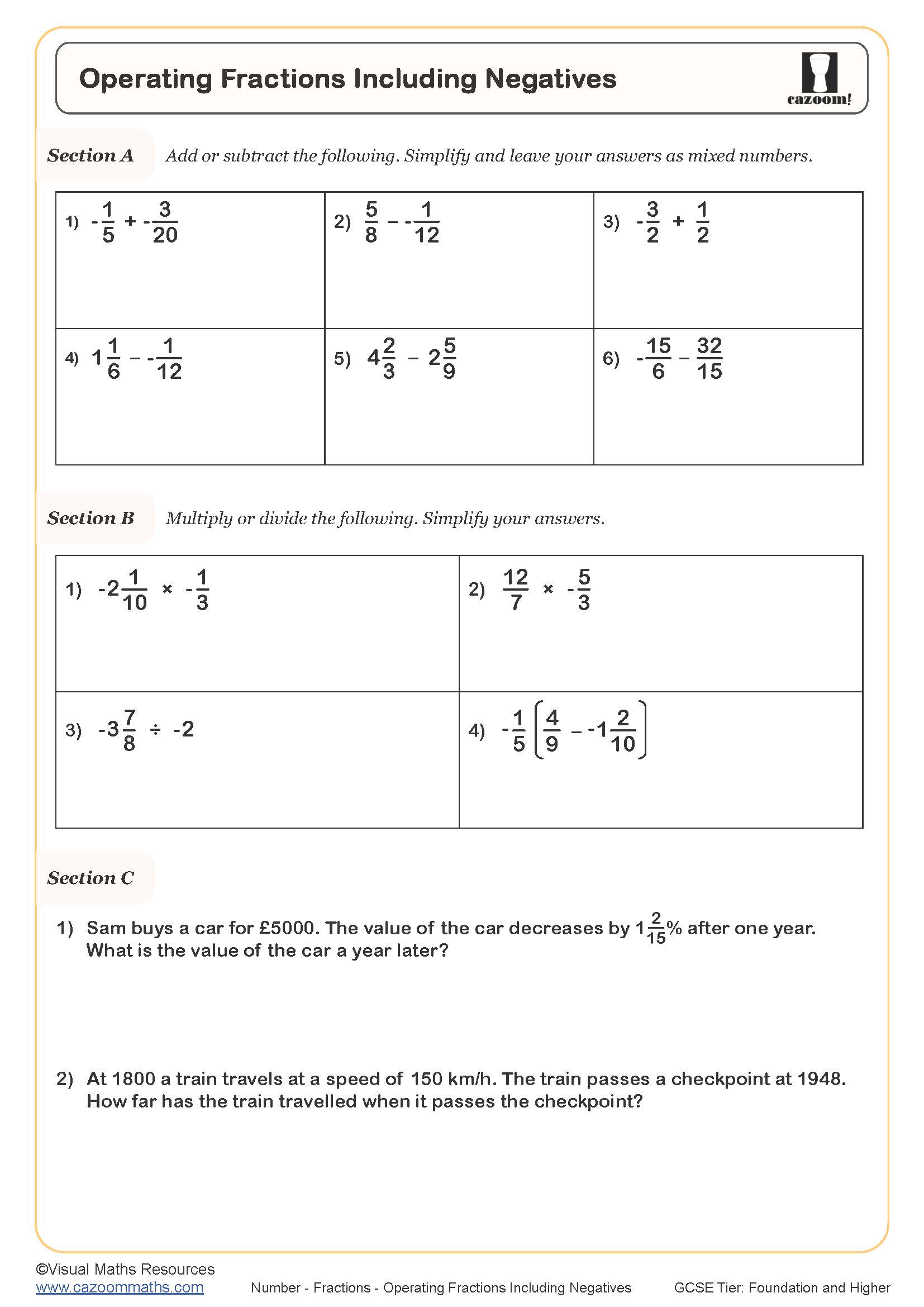 Preview of Operating Fractions Including Negatives