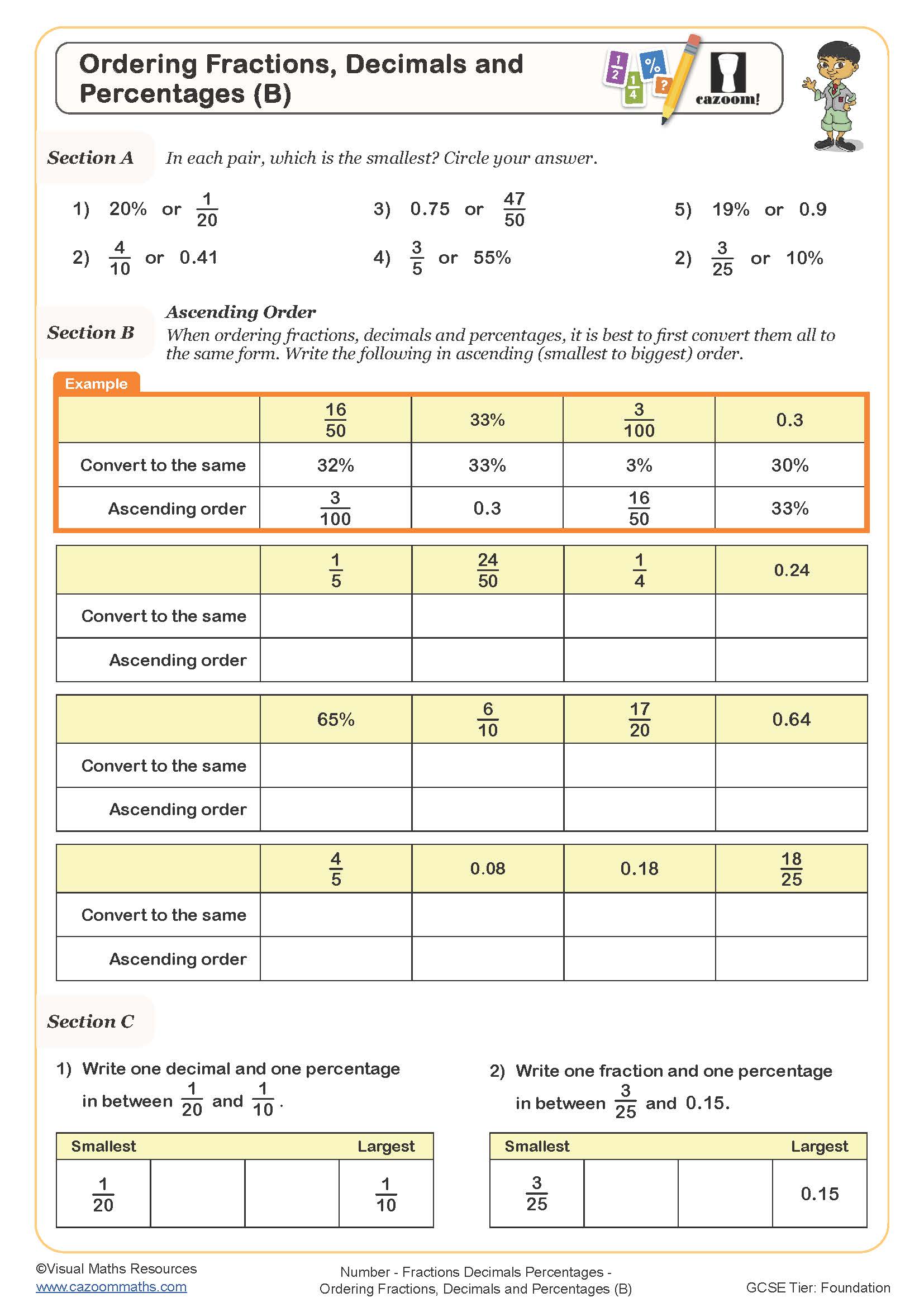 Preview of Ordering Fractions Decimals and Percentages (B)