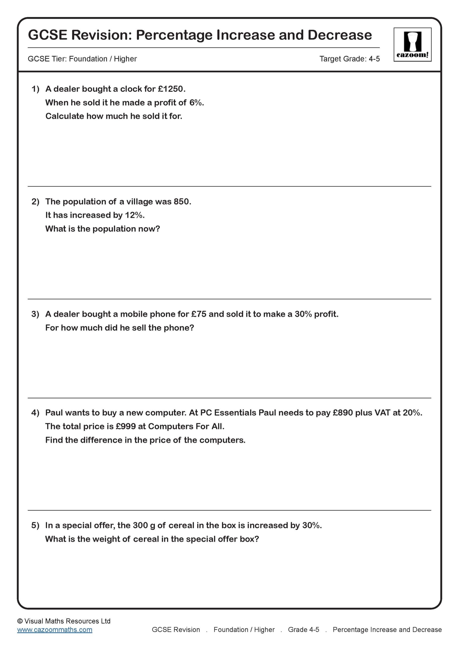 Percentage Increase and Decrease GCSE Questions | GCSE Revision Questions