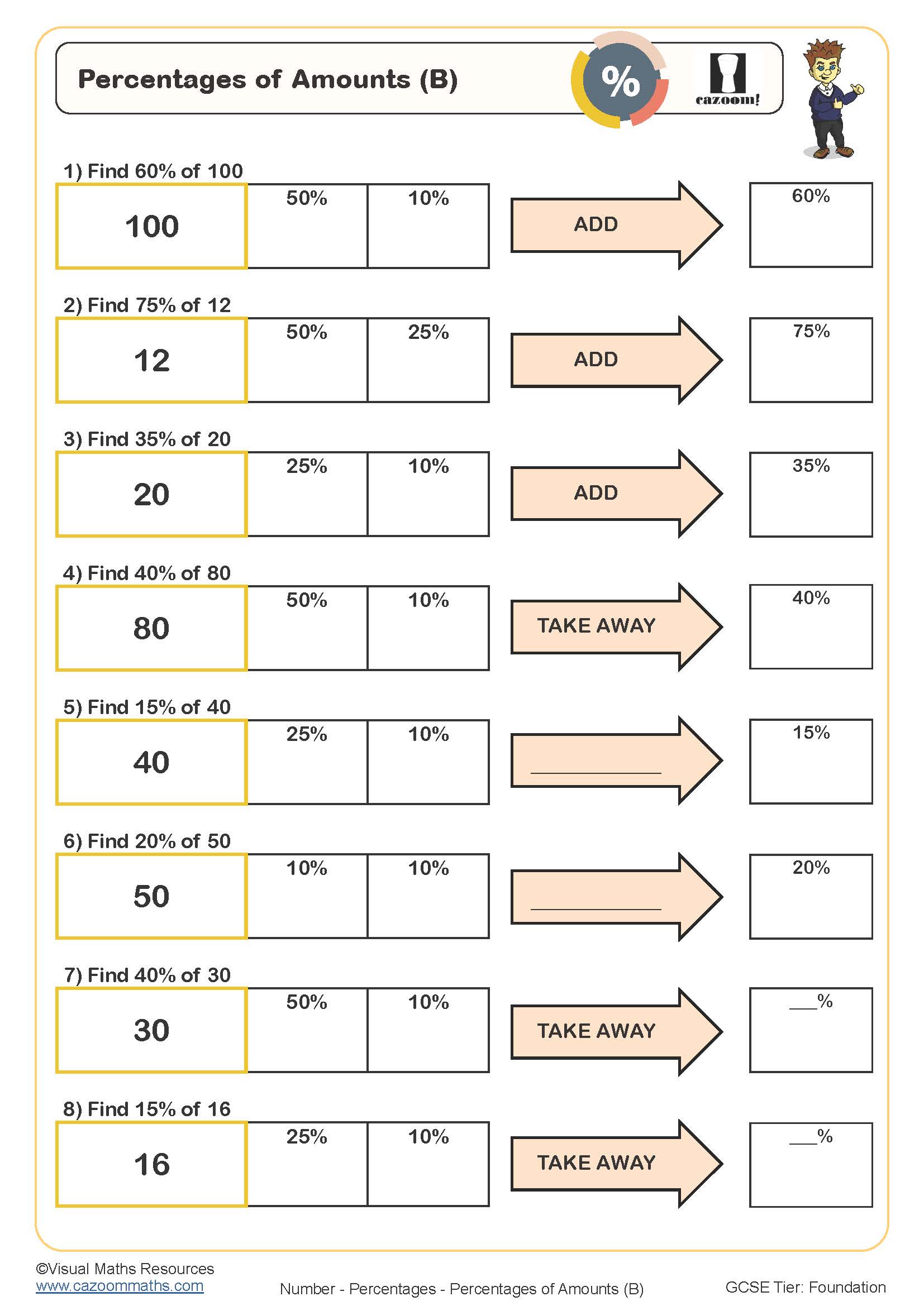 KS3 and KS4 Percentages Worksheets - Printable Percentages of Amounts ...