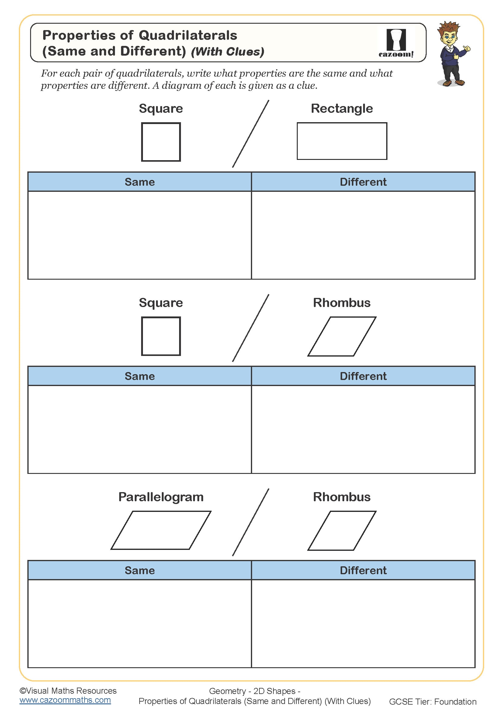 Properties Of Quadrilaterals Same And Different With Clues Worksheet