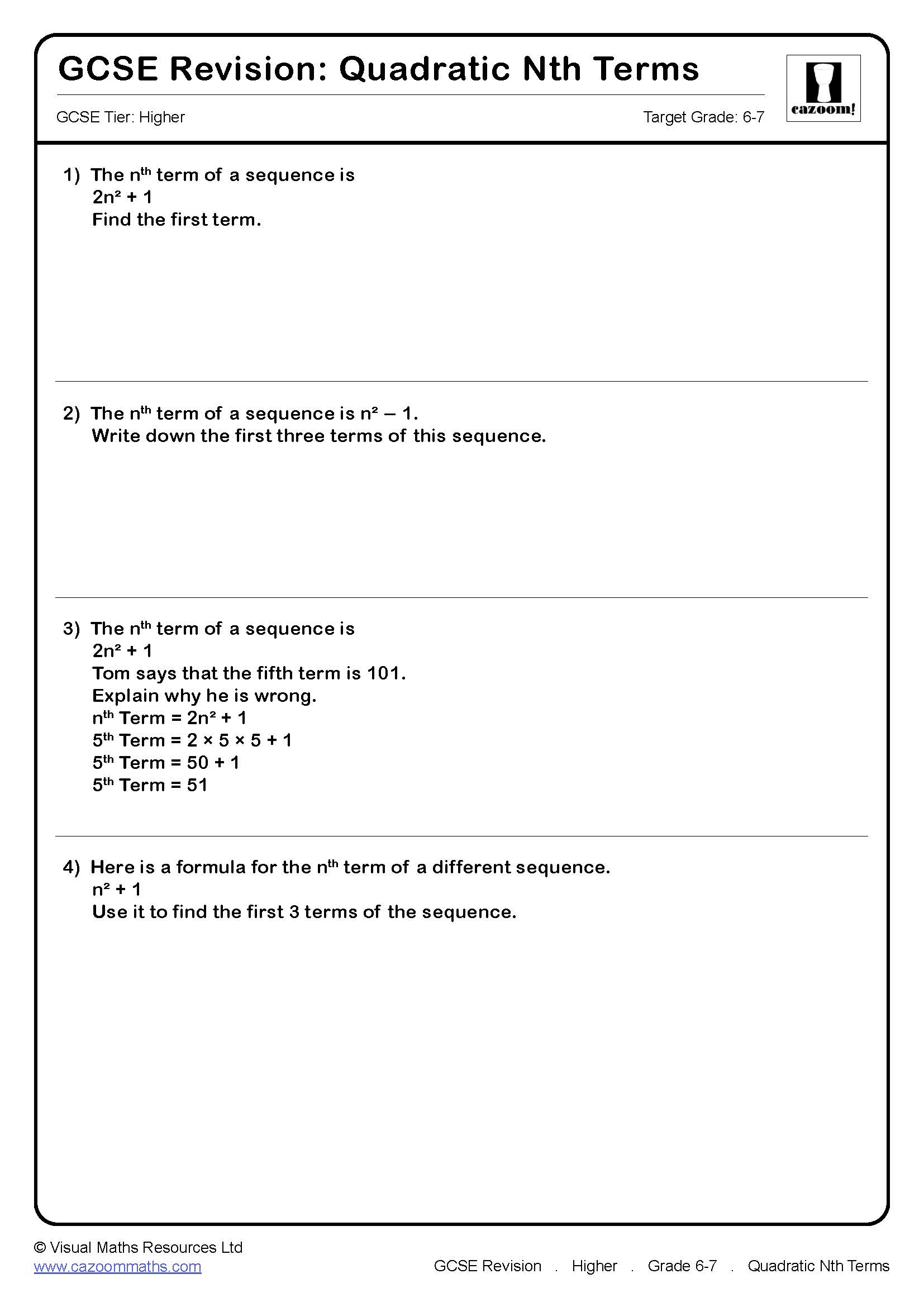 Preview of Quadratic Nth Terms (B)