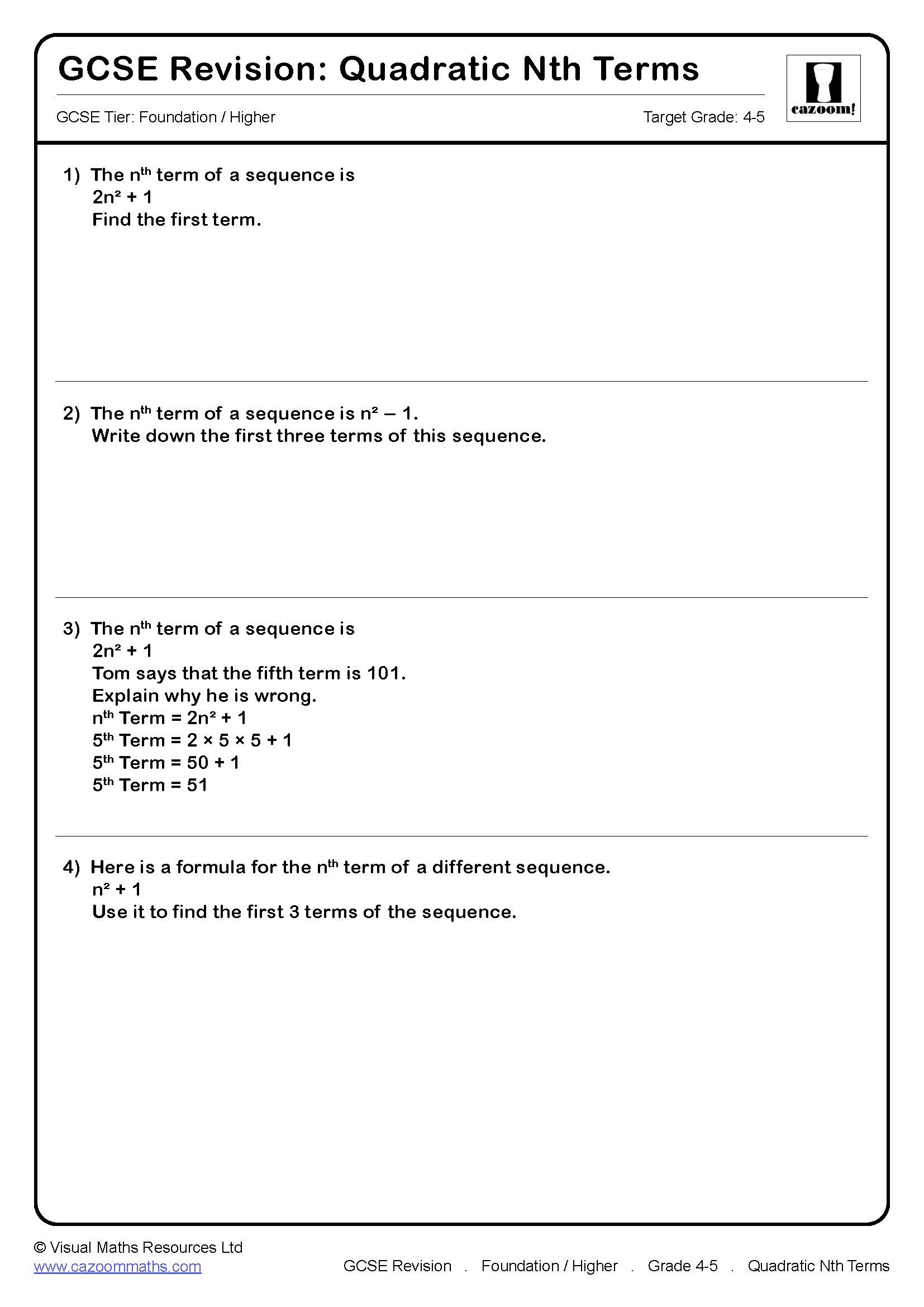 Quadratic Nth Terms GCSE Maths Revision 2