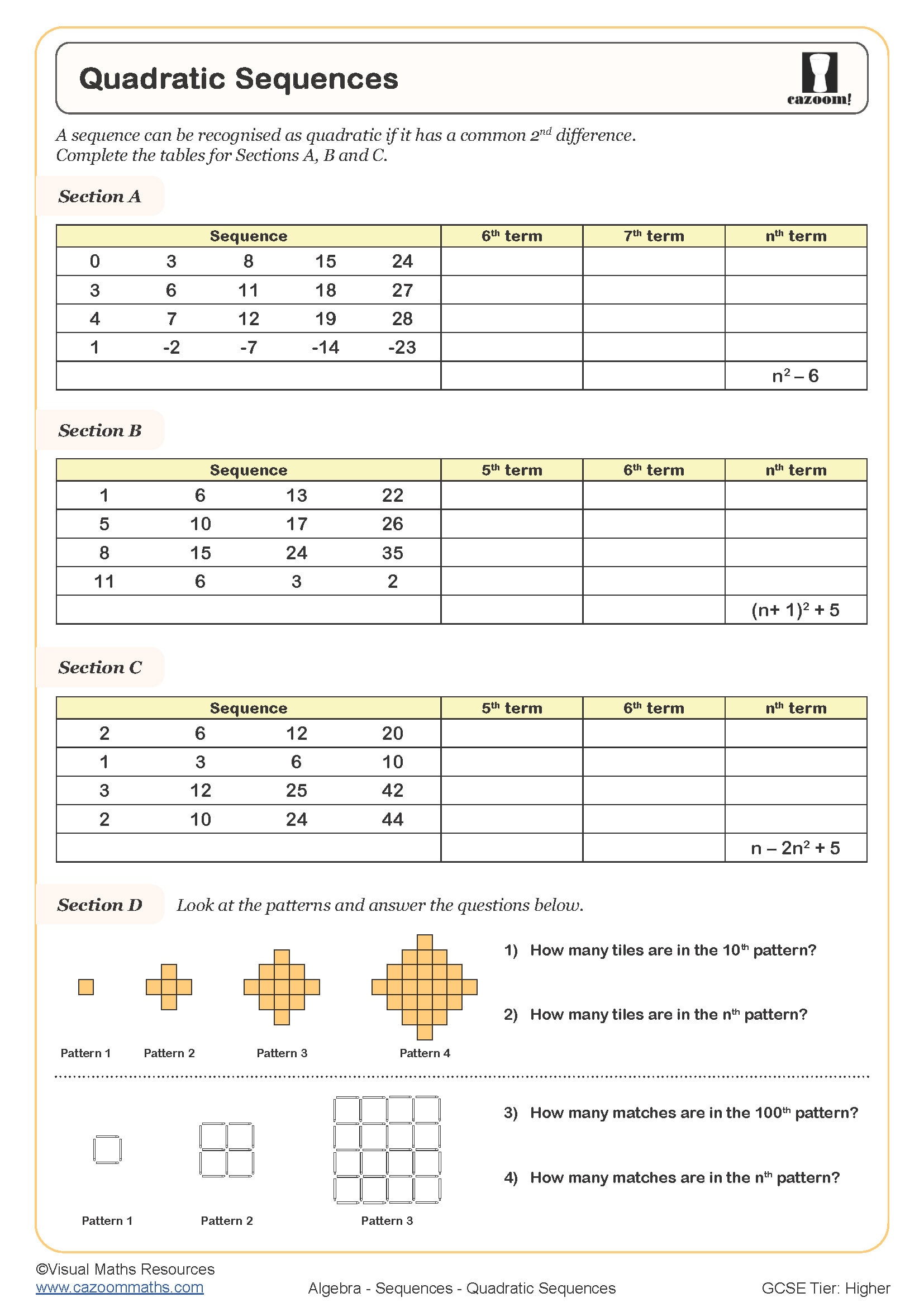 Preview of Quadratic Sequences