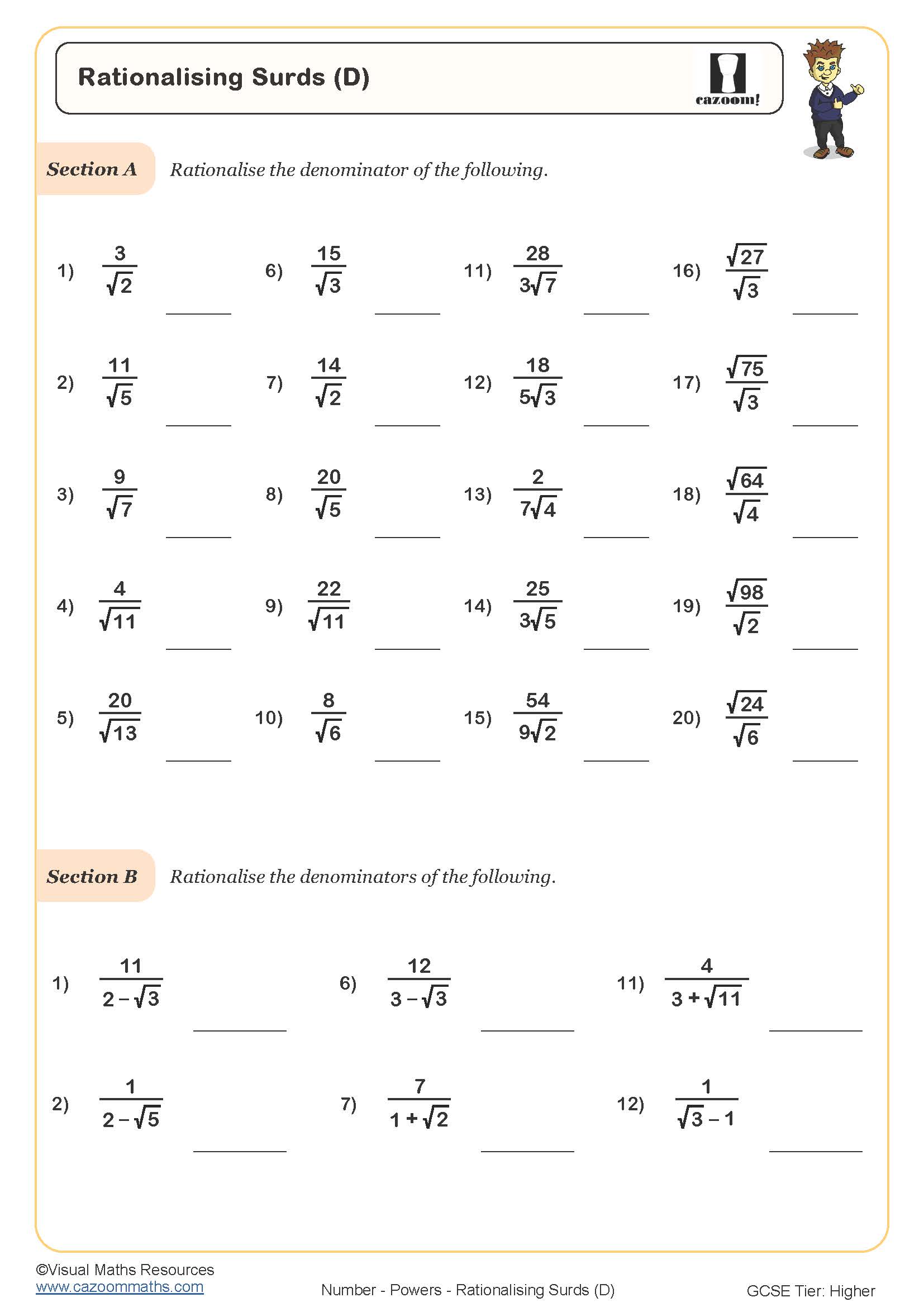 Preview of Rationalising Surds (D)