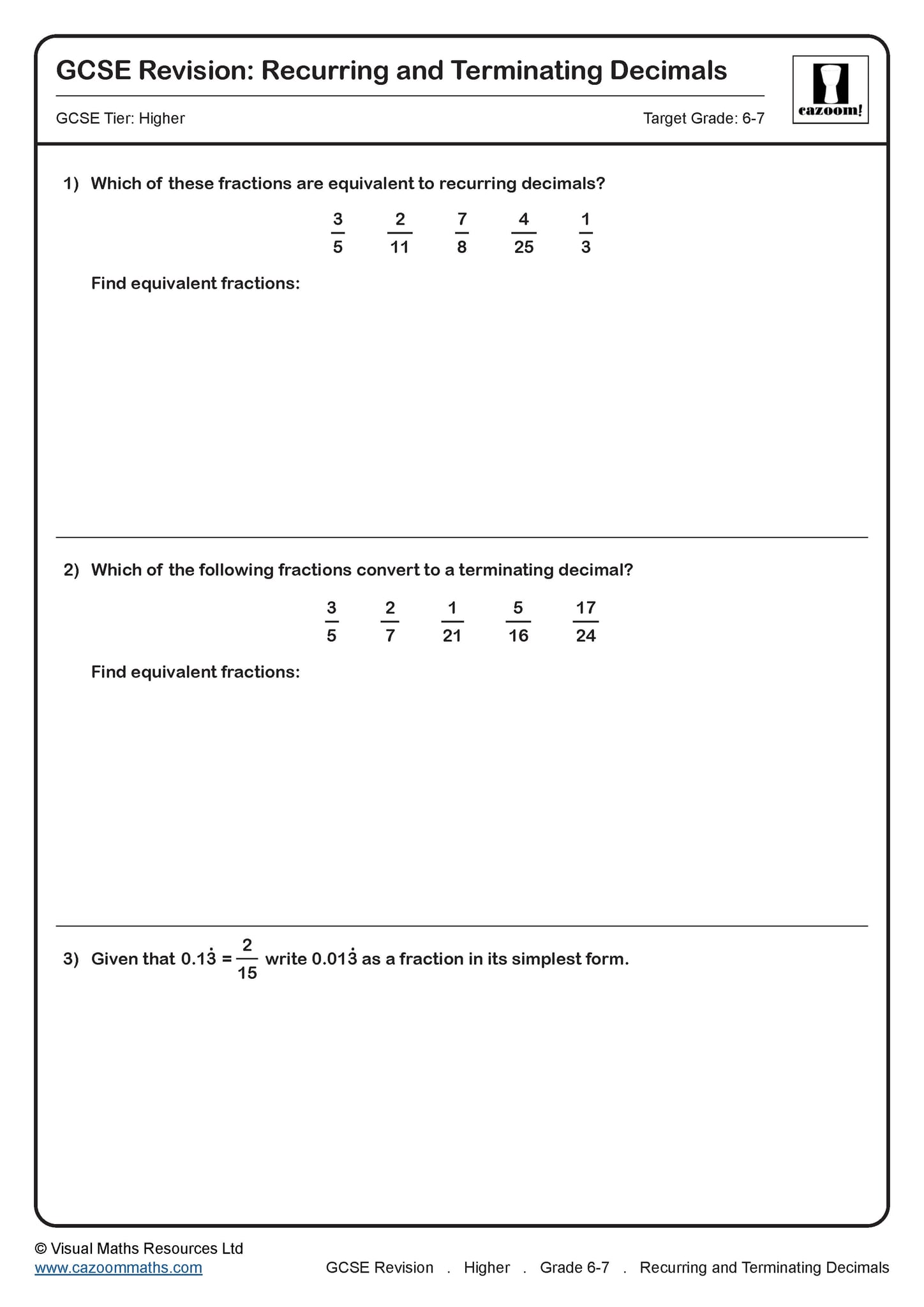 Recurring and Terminating Decimals Worksheet | Printable Maths Worksheets