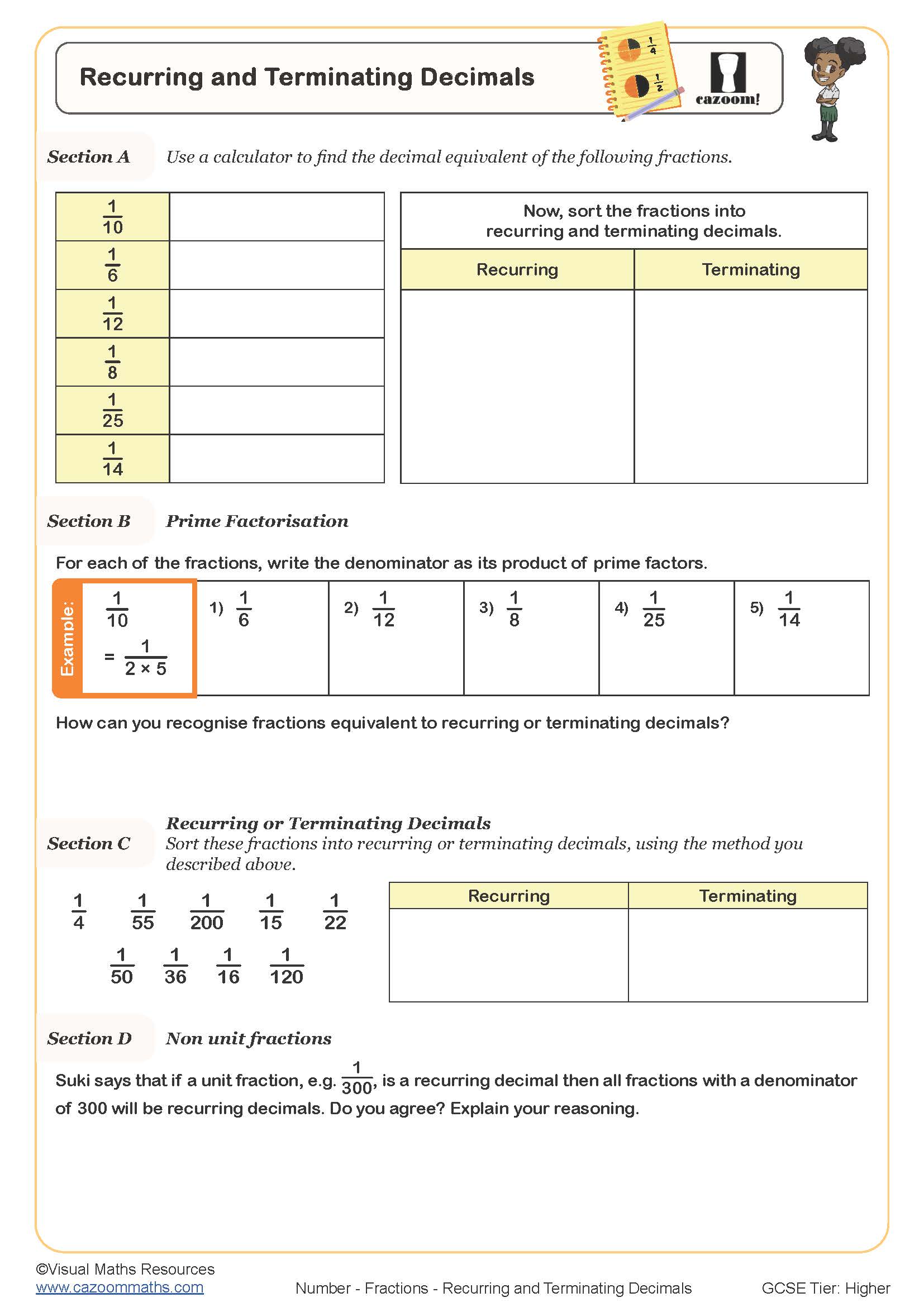 Recurring And Terminating Decimals Worksheet