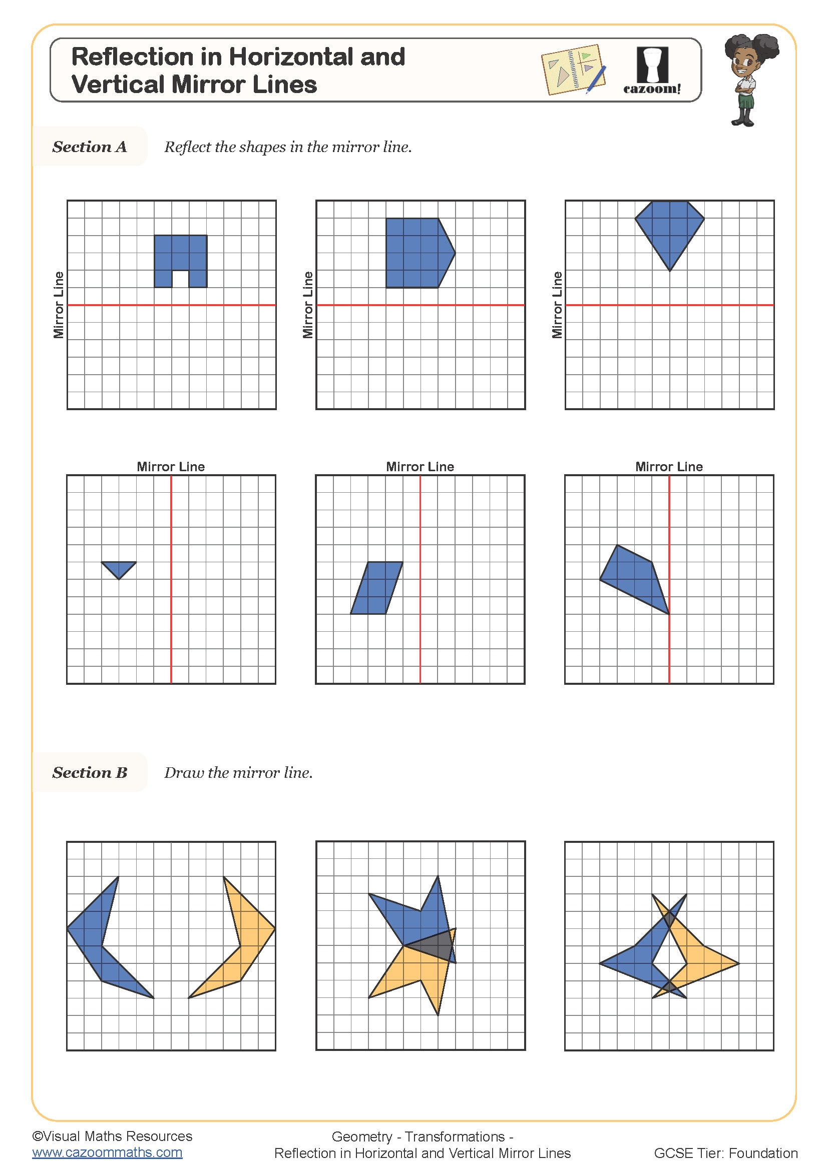 Refelction in Horizontal and Vertical Mirror Lines Worksheet perfect for students in year 7, 8 and 9