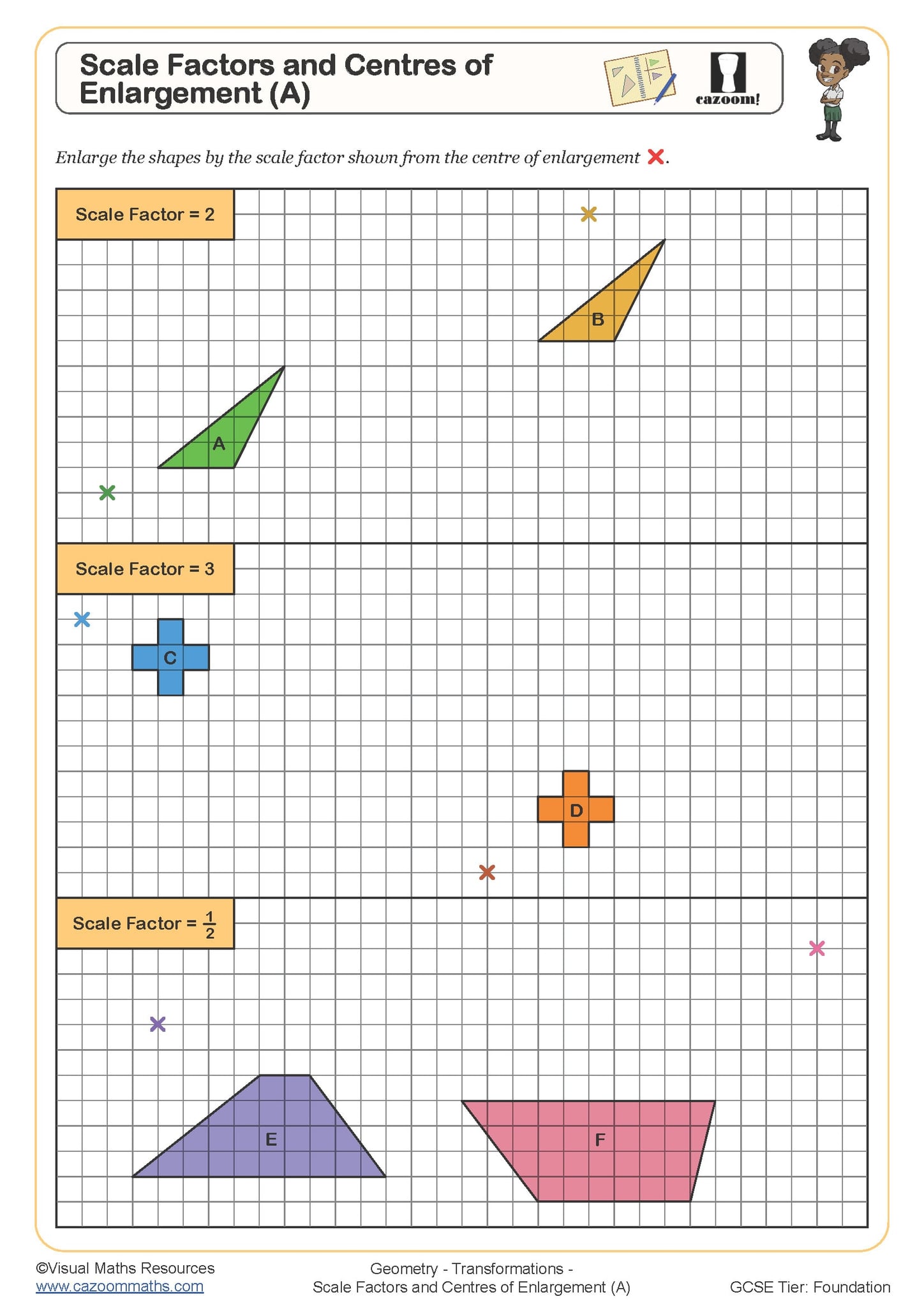 Scale Factors and Centres of Enlargement (A) Worksheet Cazoom Maths