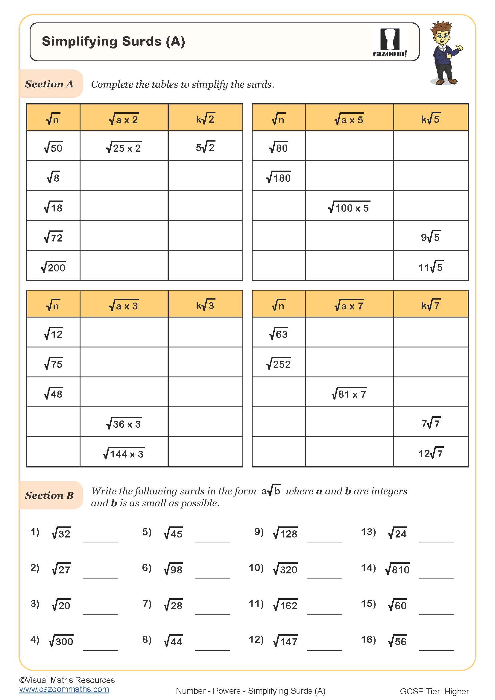 Preview of Simplifying Surds (A)