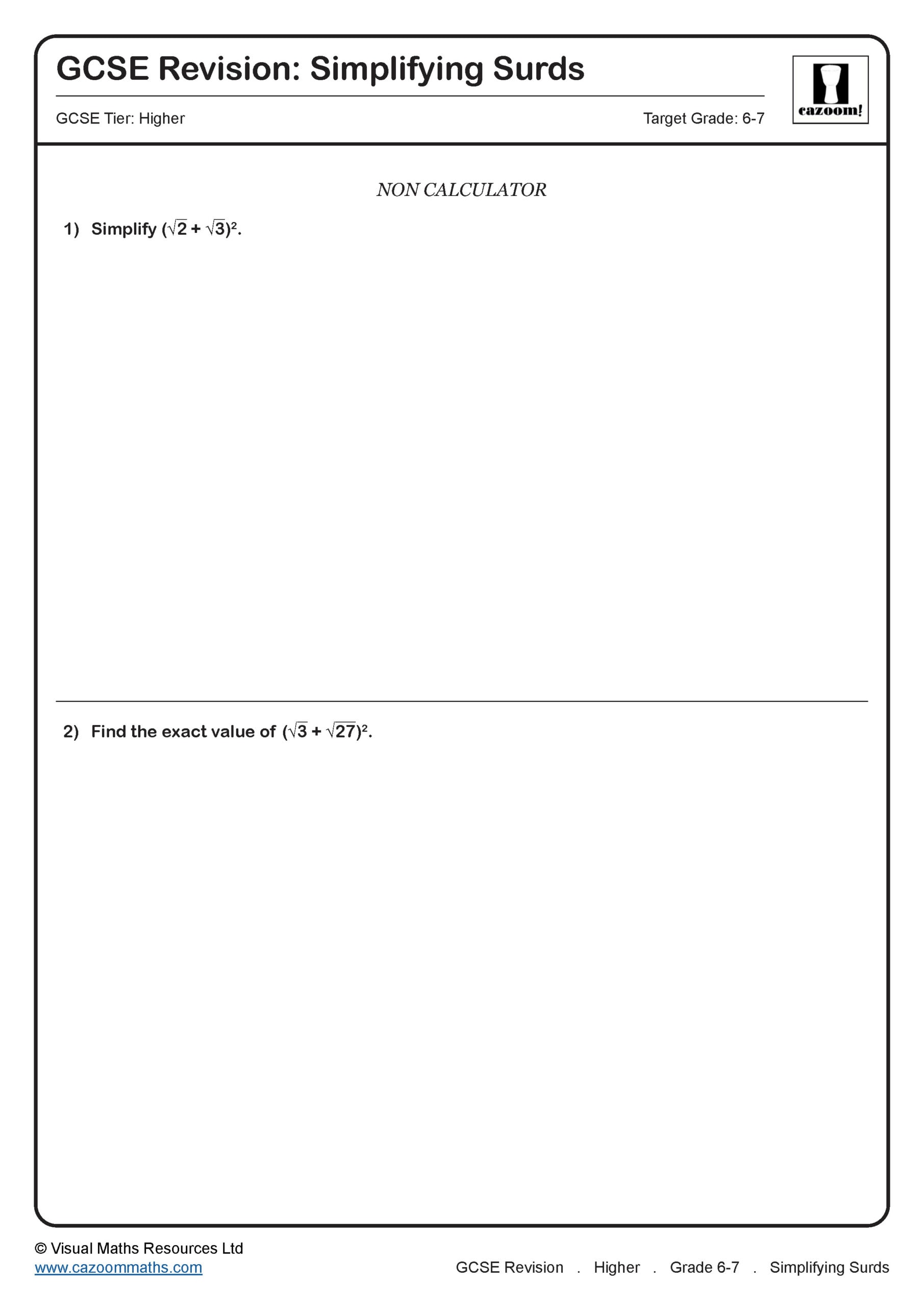 Preview of Simplifying Surds (B)