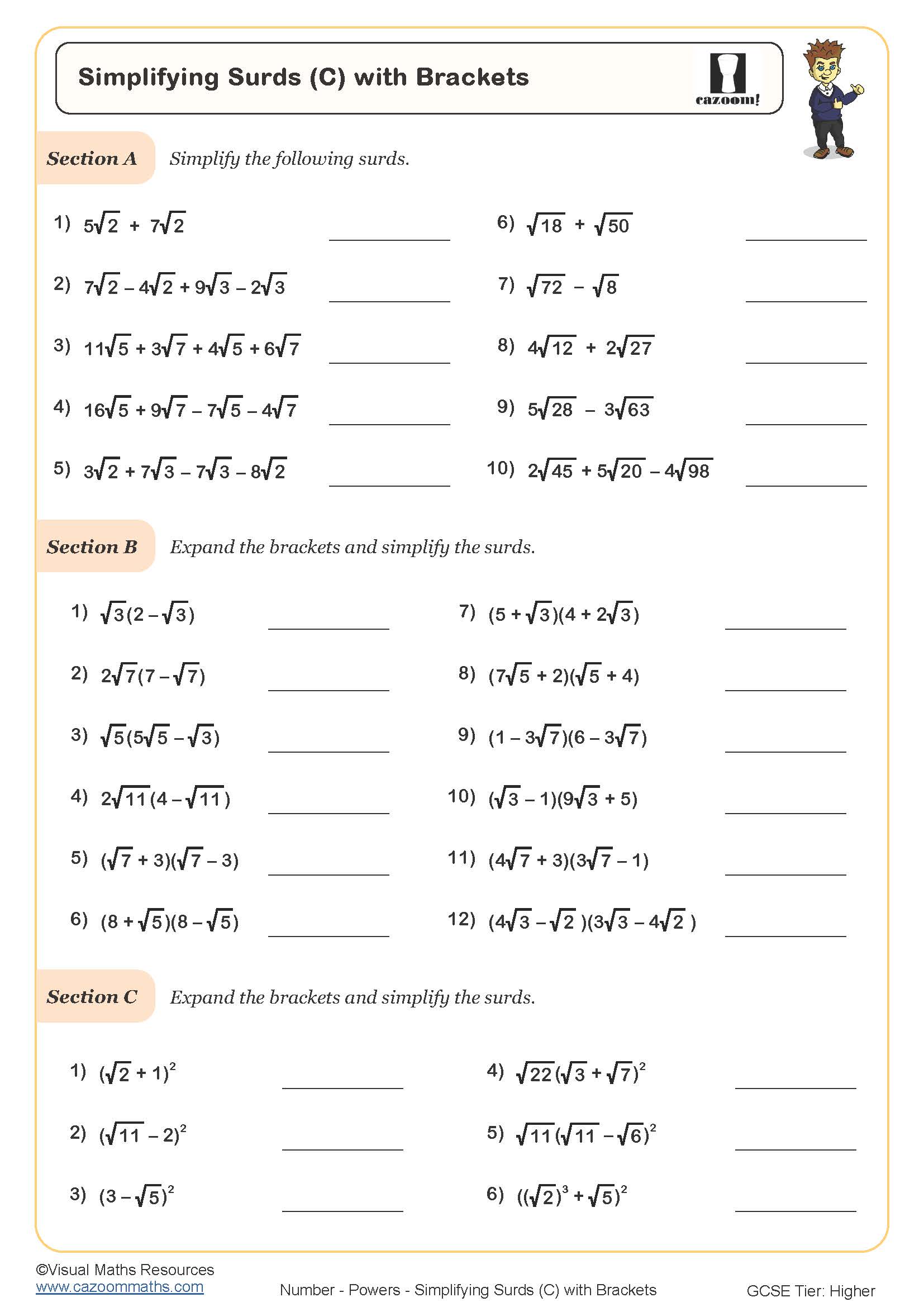 Preview of Simplifying Surds with Brackets (C)