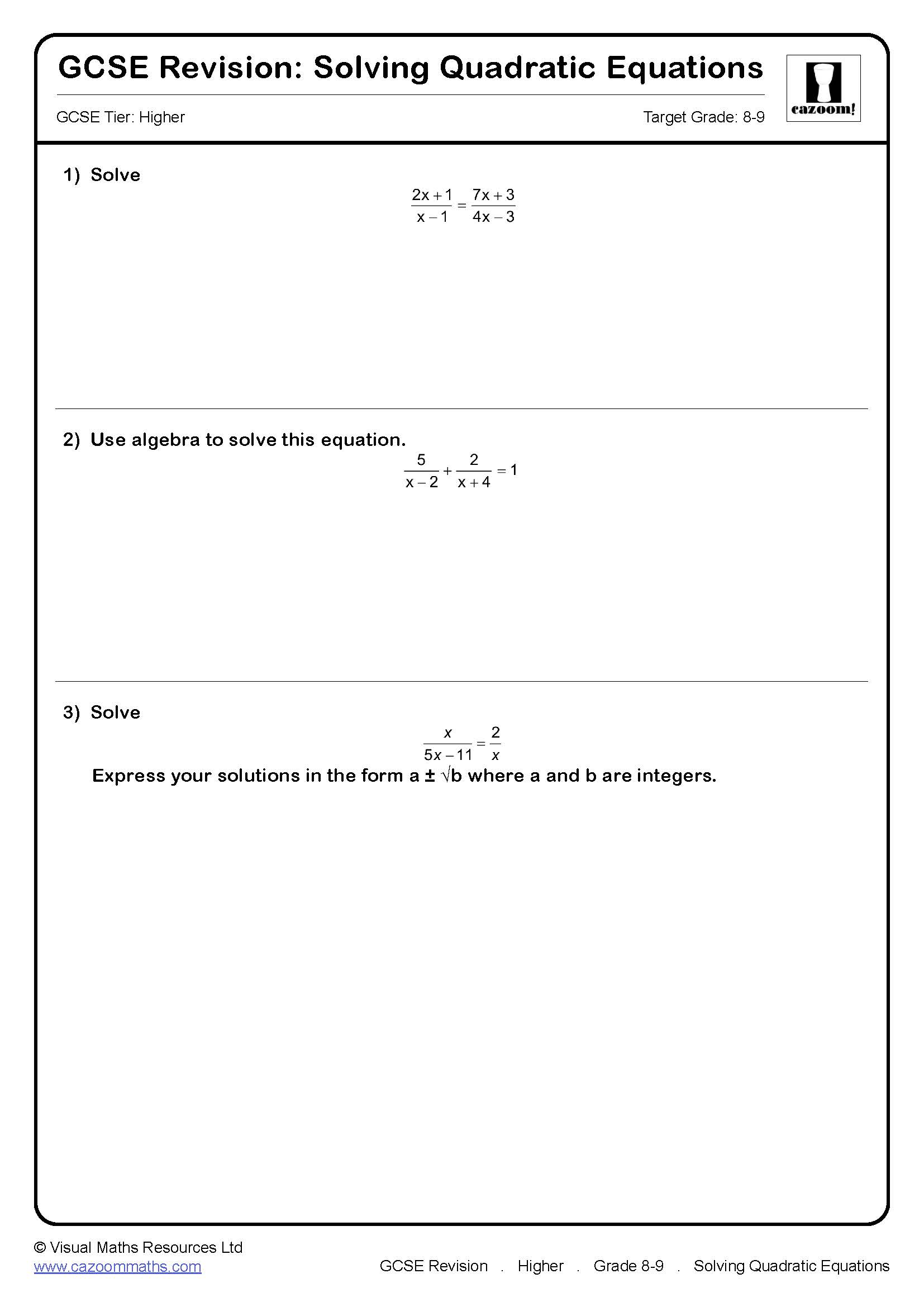 Preview of Solving Quadratic Equations