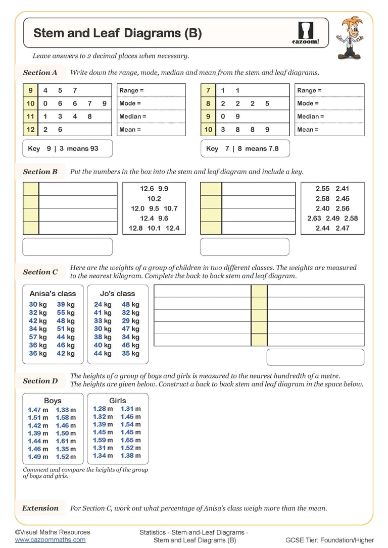 Stem and Leaf Diagrams (B) Worksheet | Printable PDF Worksheets