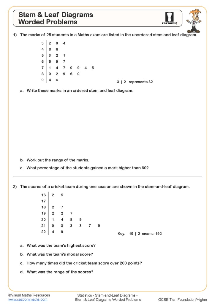 Stem And Leaf Word Problems Worksheet Cazoom Maths Worksheets