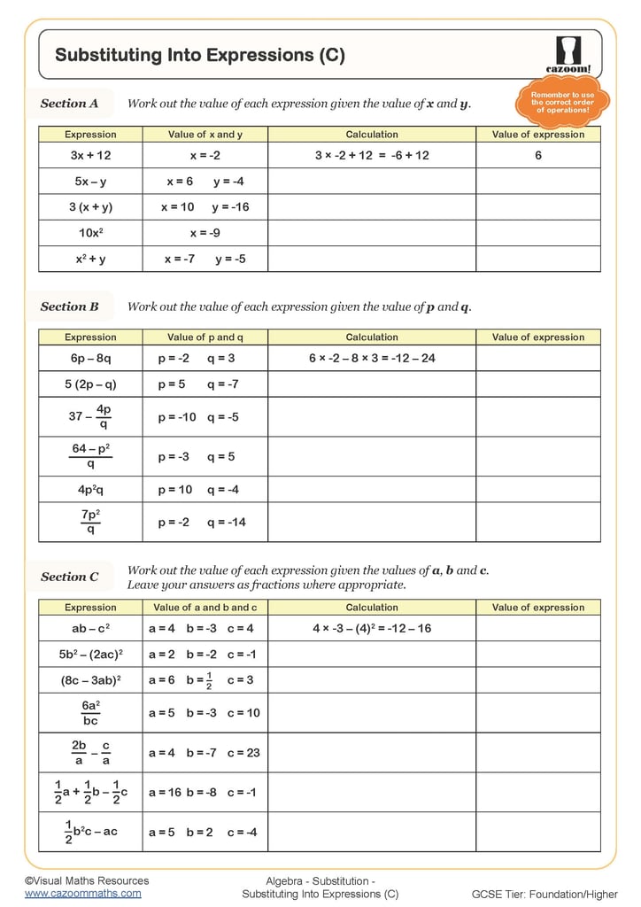 Substituting into Expressions (A) Worksheet | Printable Maths Worksheets