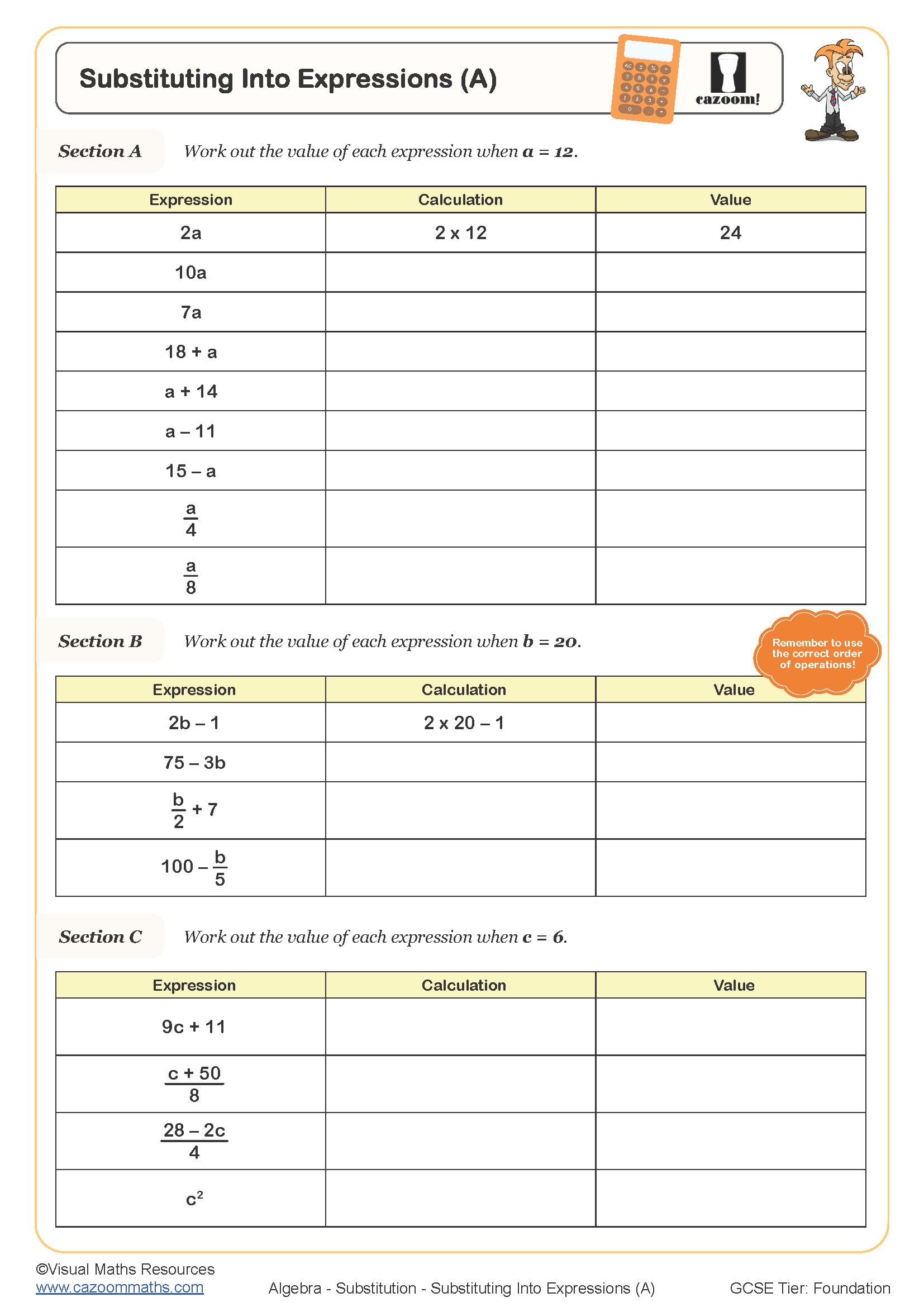 Preview of Substituting into Expressions (A)