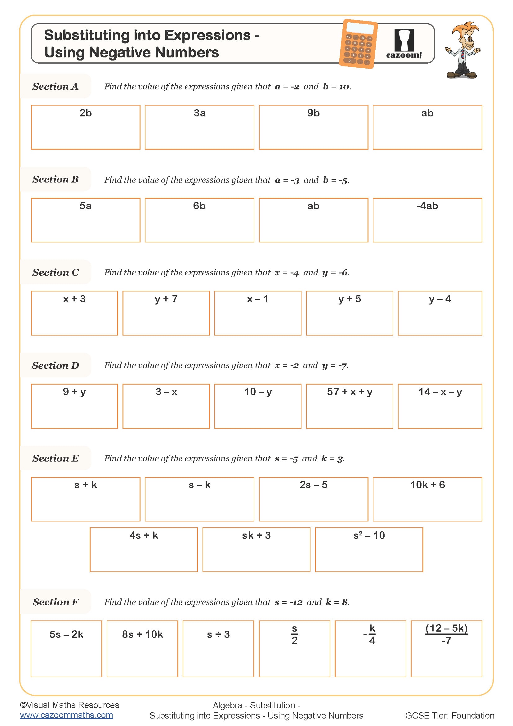 Substituting Into Expressions Using Negative Numbers Worksheet