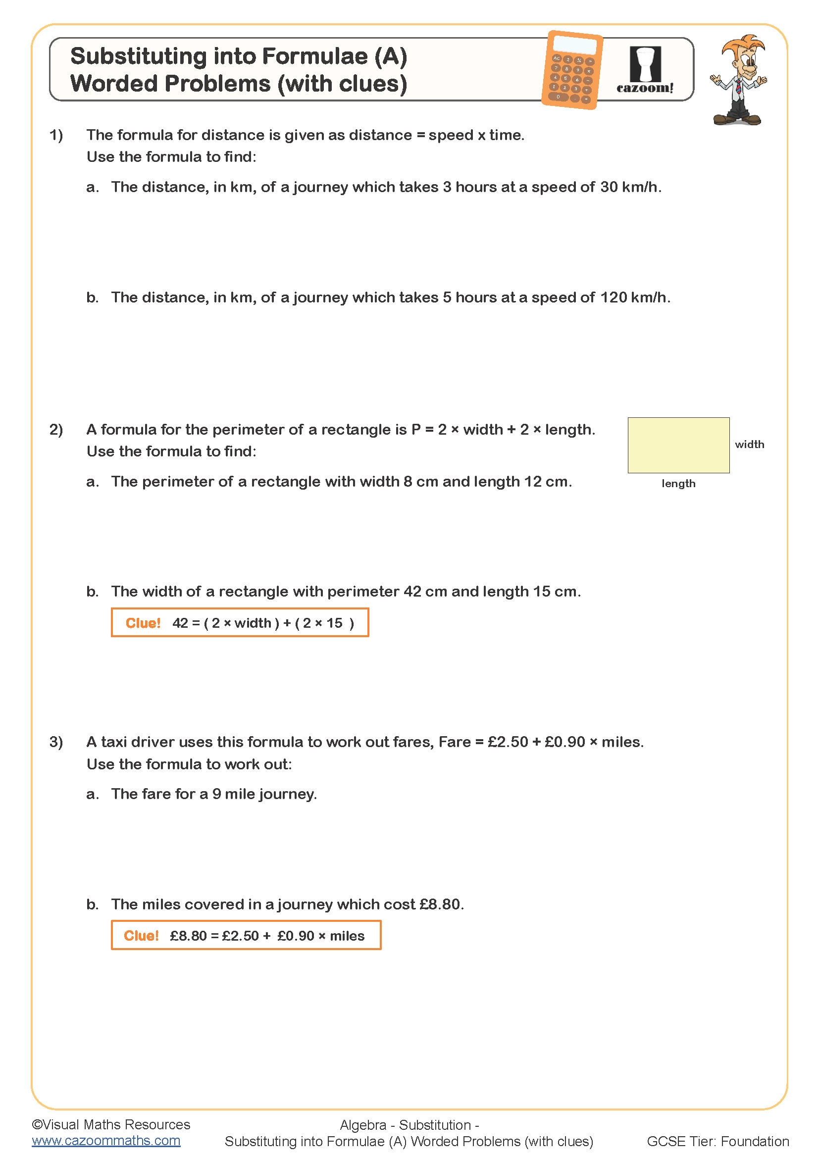 Preview of Substituting into Formulae (A) (With Clues)
