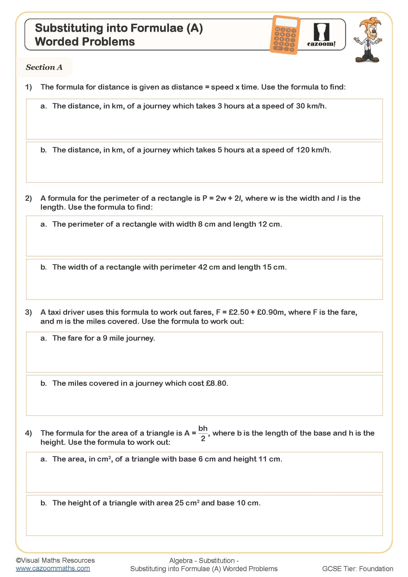 Preview of Substituting into Formulae (A) Word Problems
