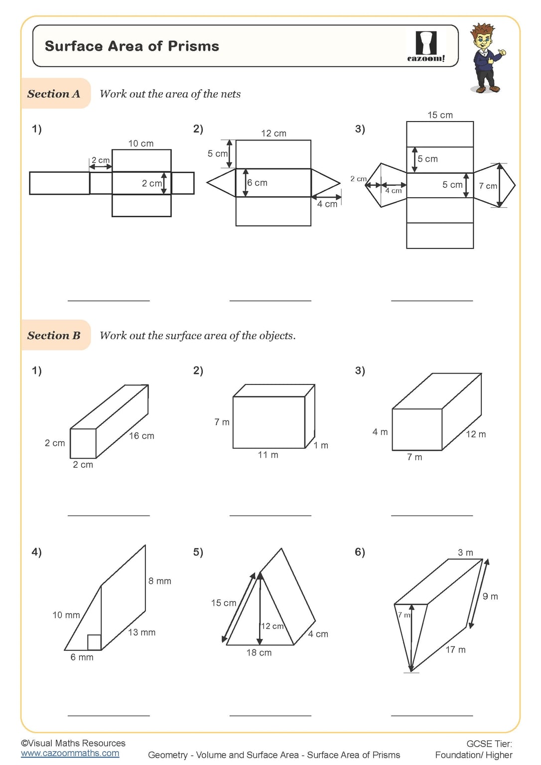 Surface Area Of Prisms Worksheet Printable Maths Worksheets