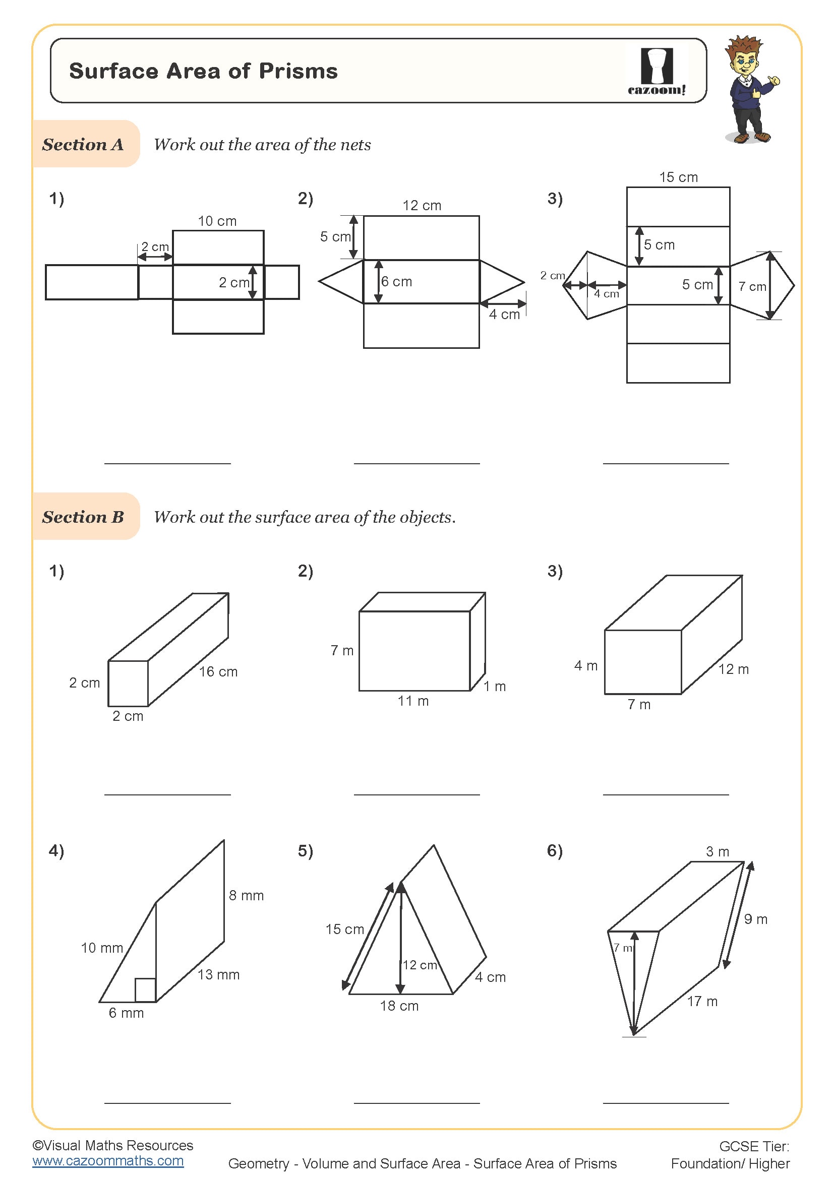 Surface Area of Prisms Worksheet fit for students in year 7 and year 8