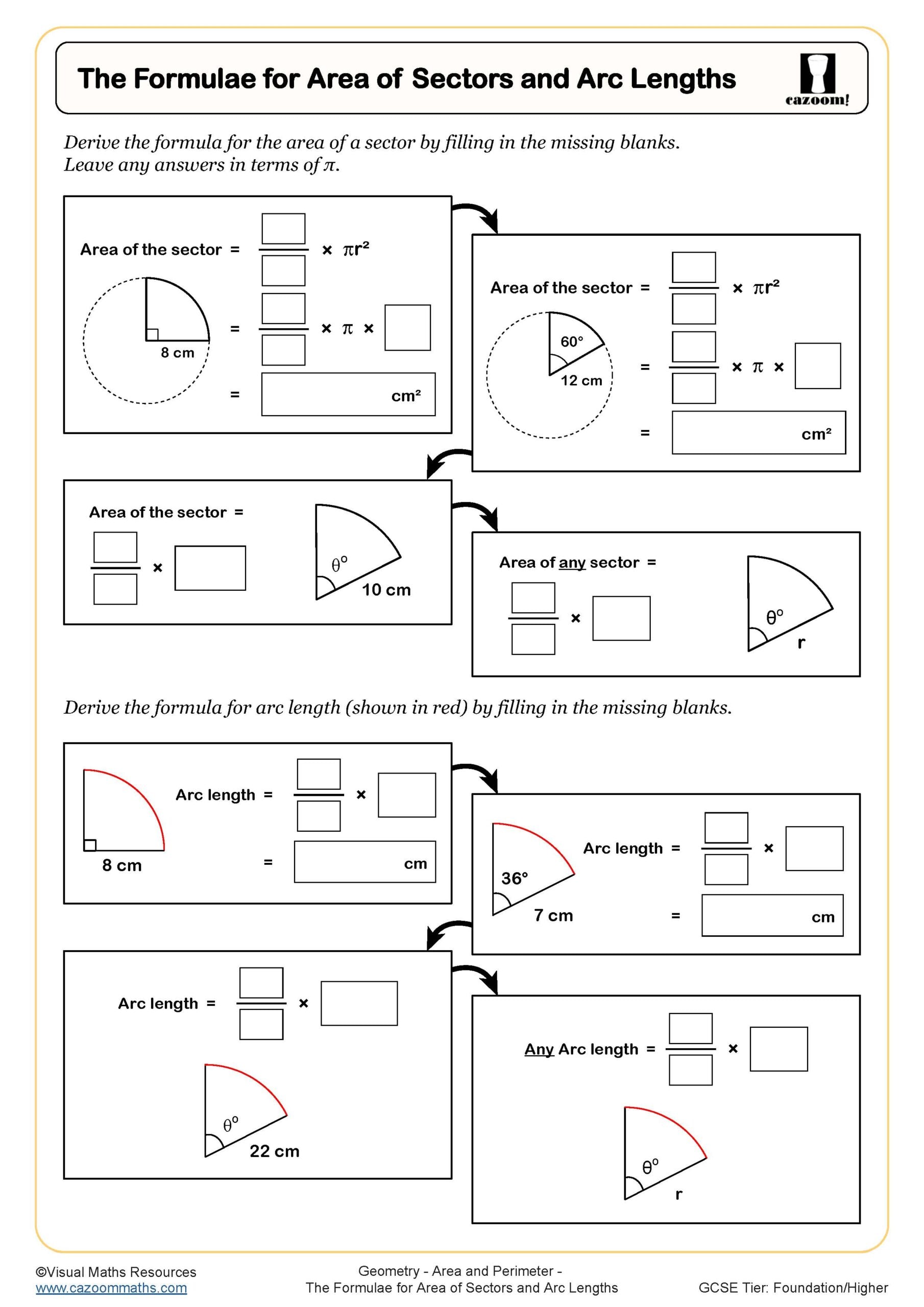 Preview of The Formulae for Area of Sectors and Arc Lengths