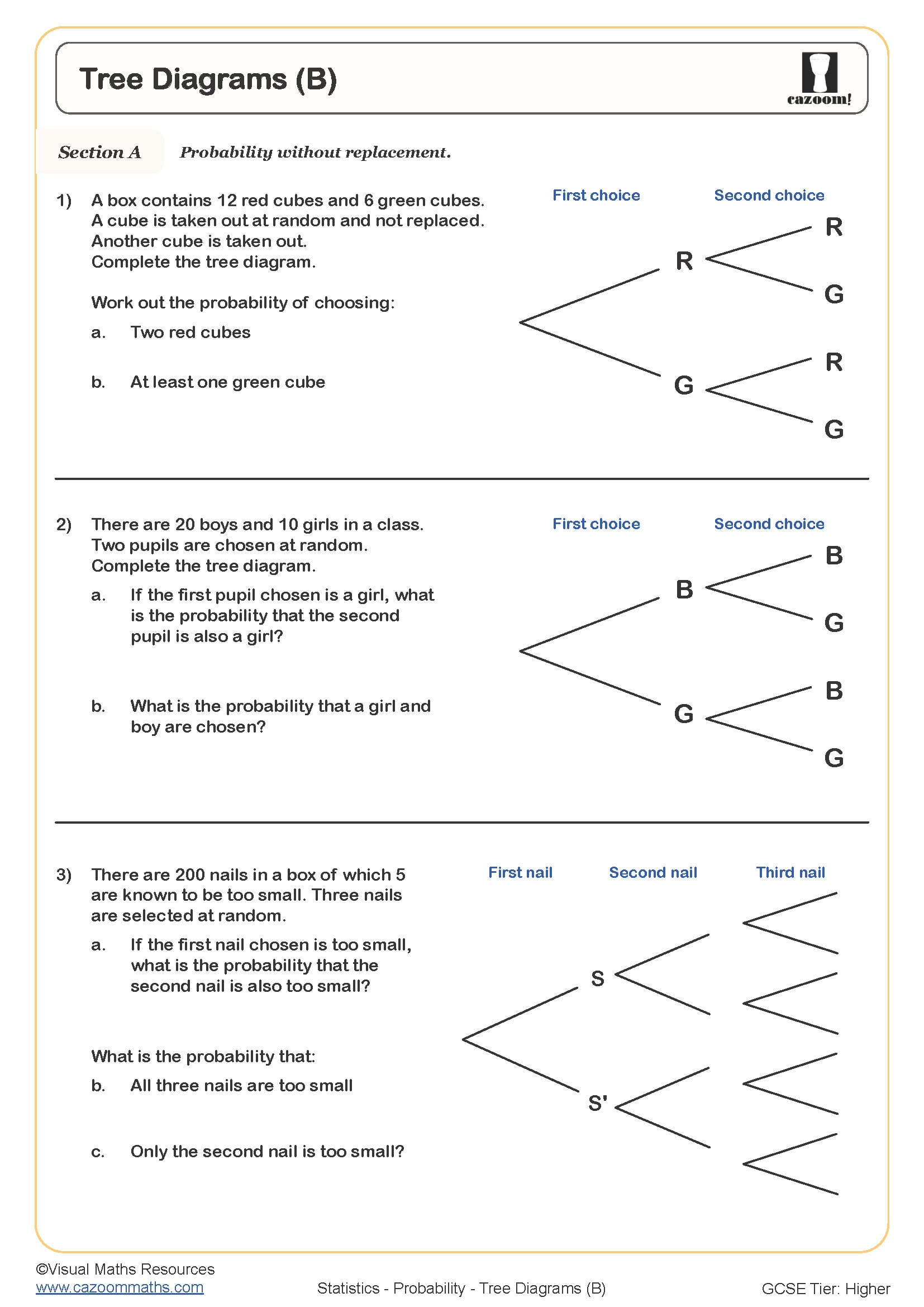 Tree Diagrams B Worksheet