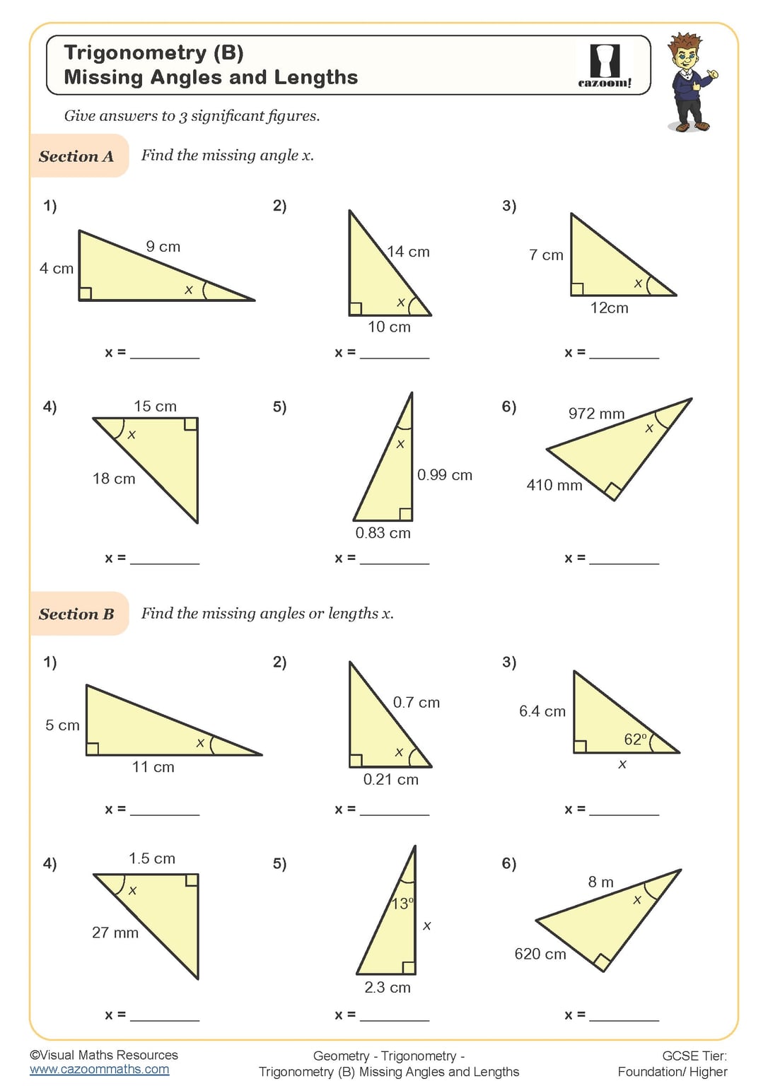 Trigonometry B Missing Angles And Lengths Worksheet Printable PDF