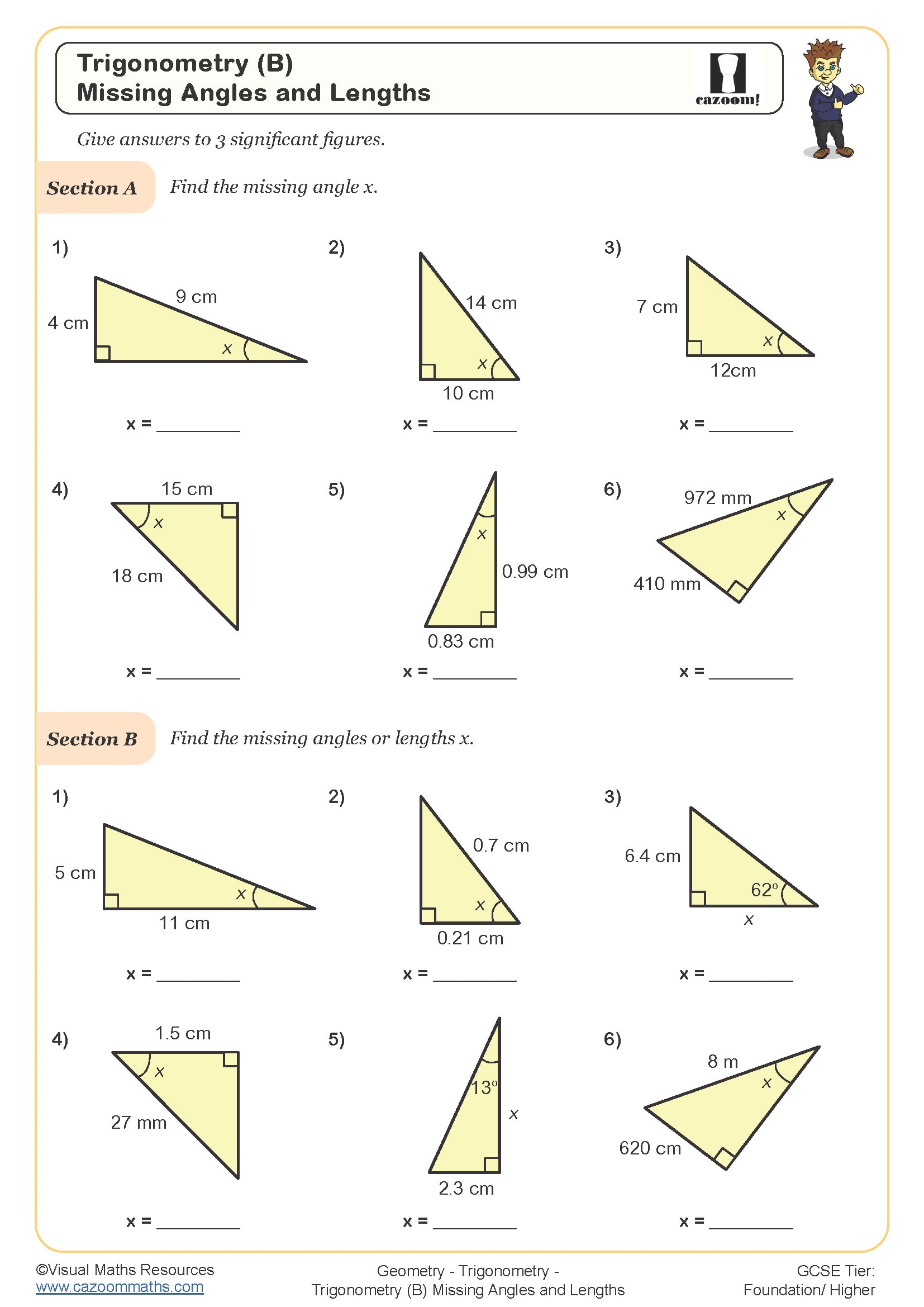 Trigonometry Missing Angles and Lengths Worksheet perfect for students in year 8 and year 9