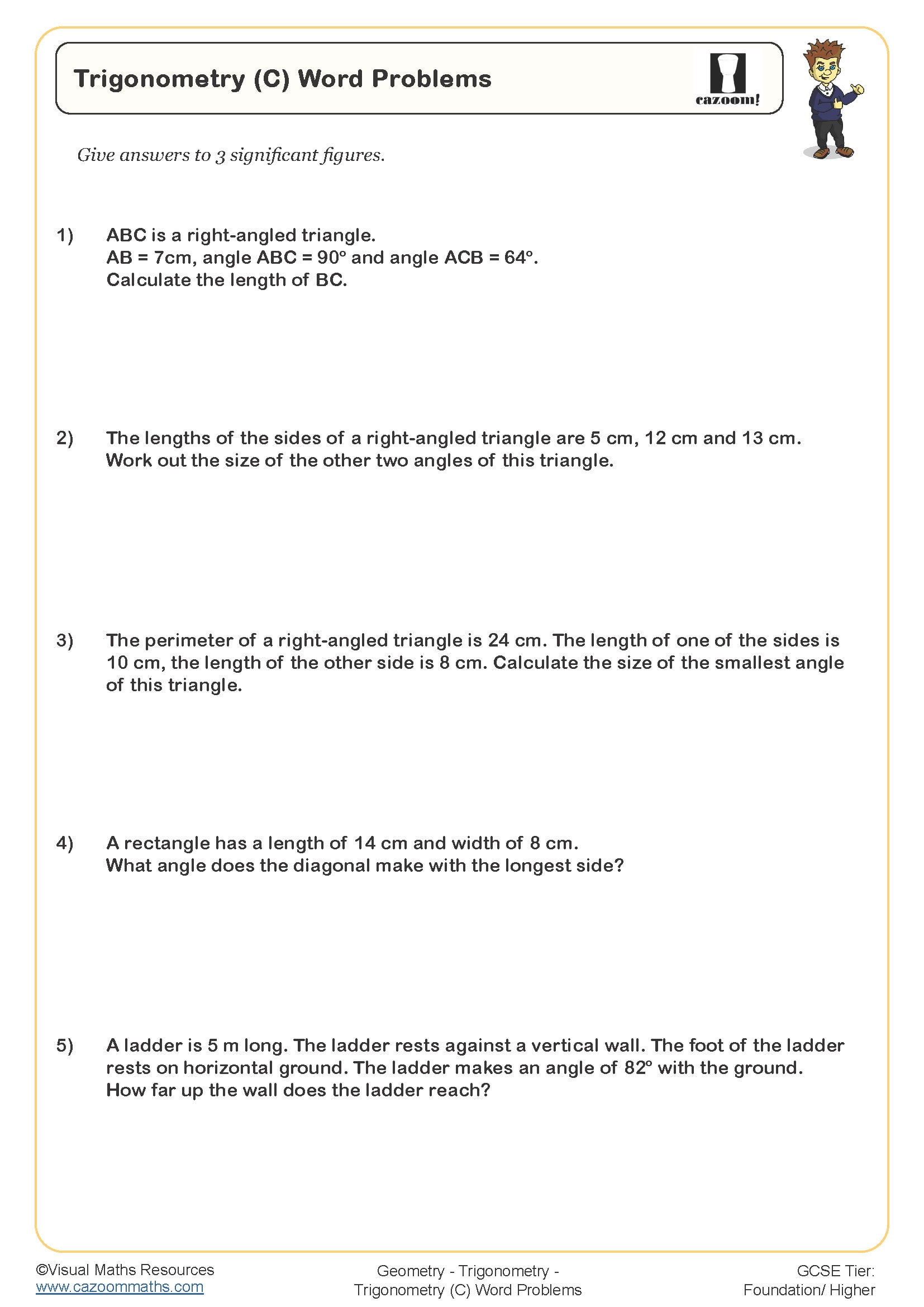Trigonometry (C) Word Problems Worksheet | Printable PDF Worksheets