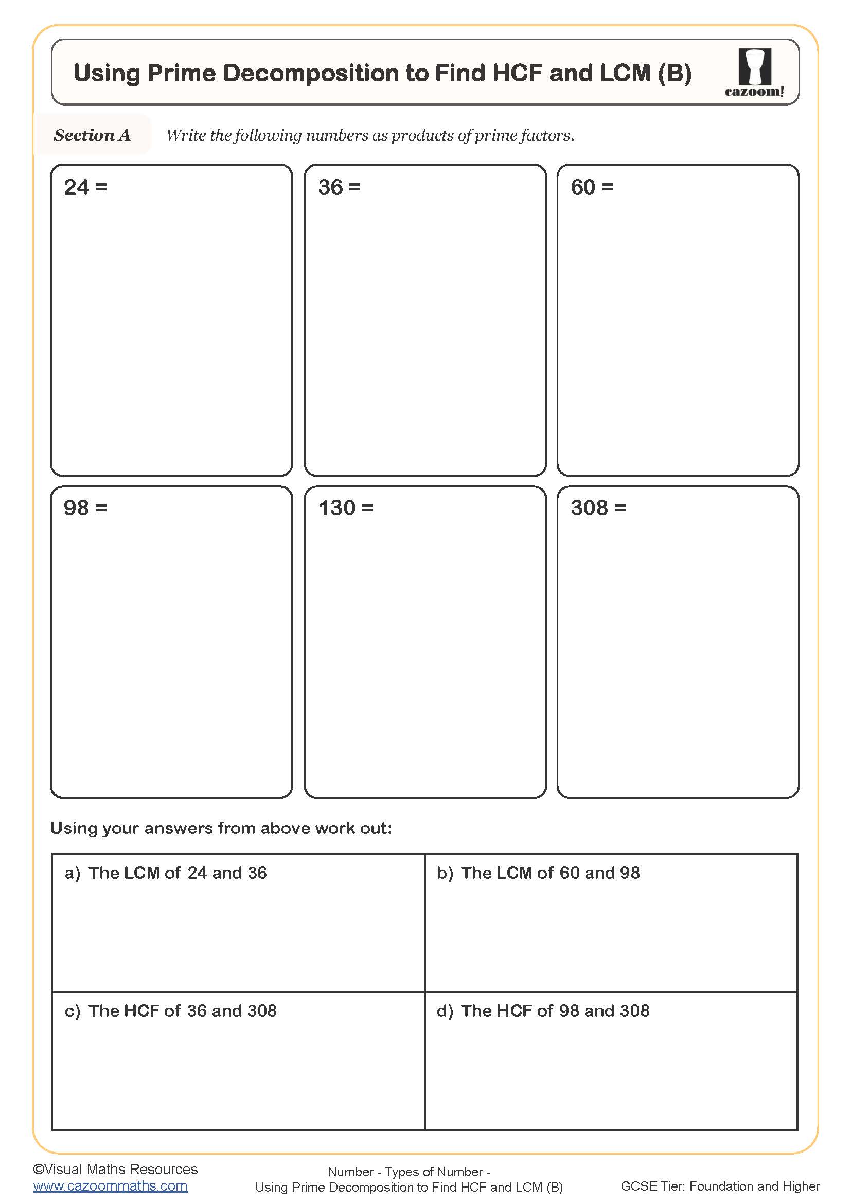 Using Prime Decomposition To Find HCF And LCM B Worksheet