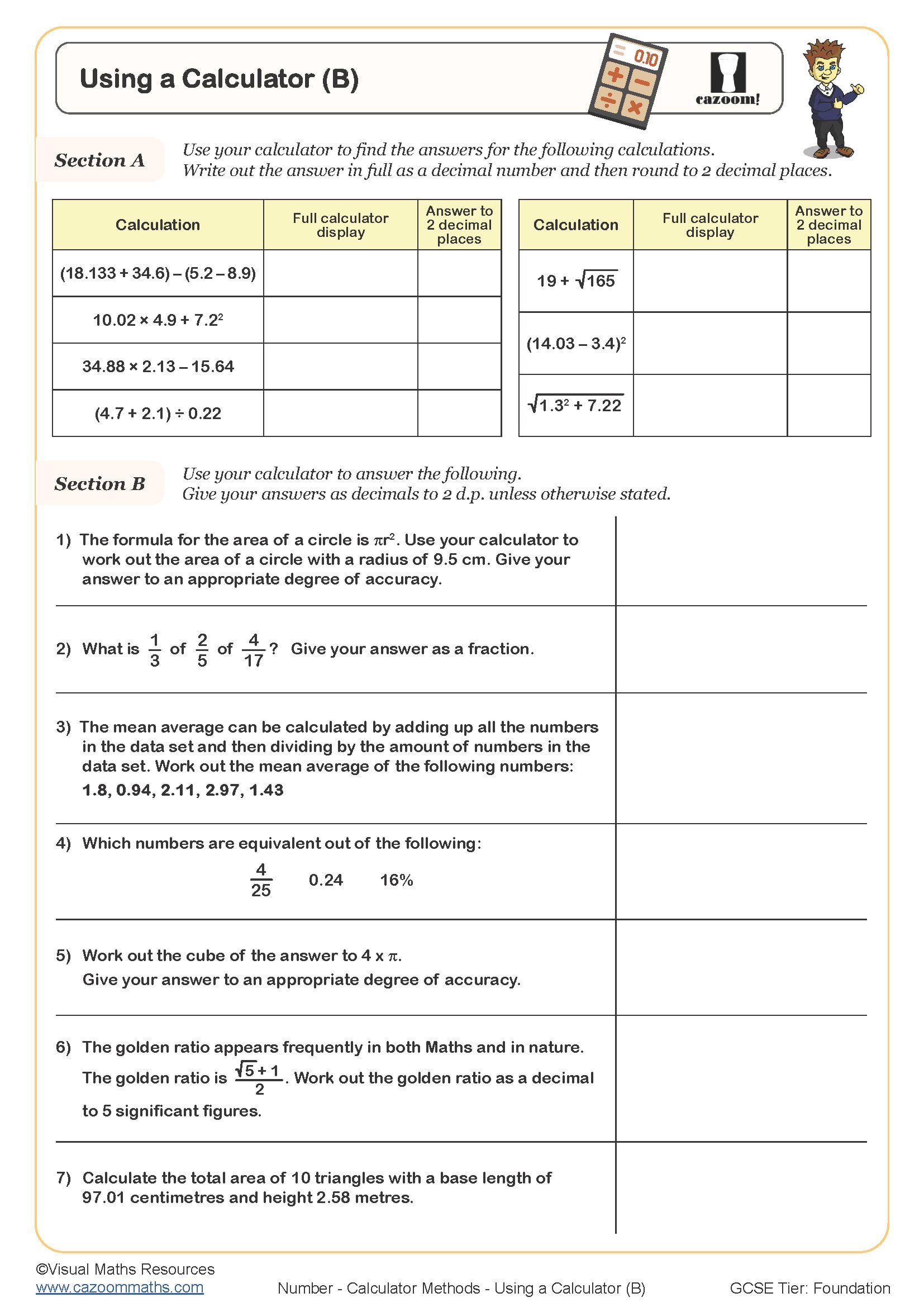 Using A Calculator B Worksheet