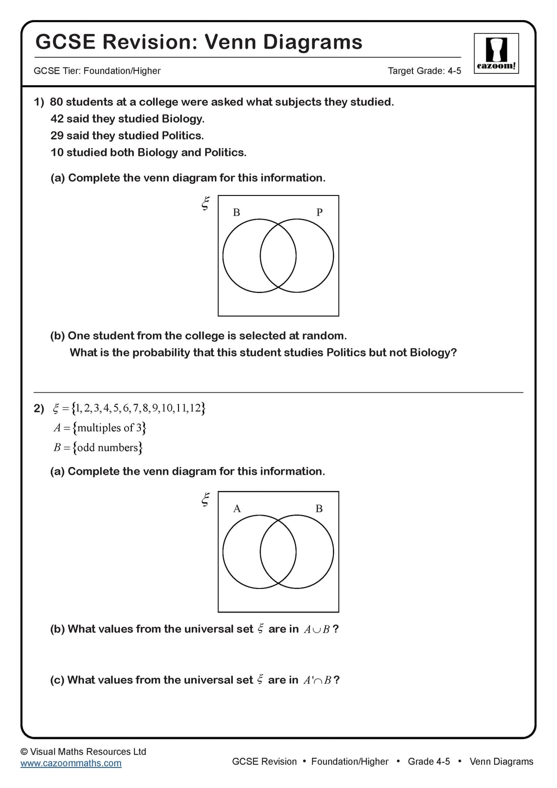 Venn Diagrams GCSE Questions GCSE Revision Questions