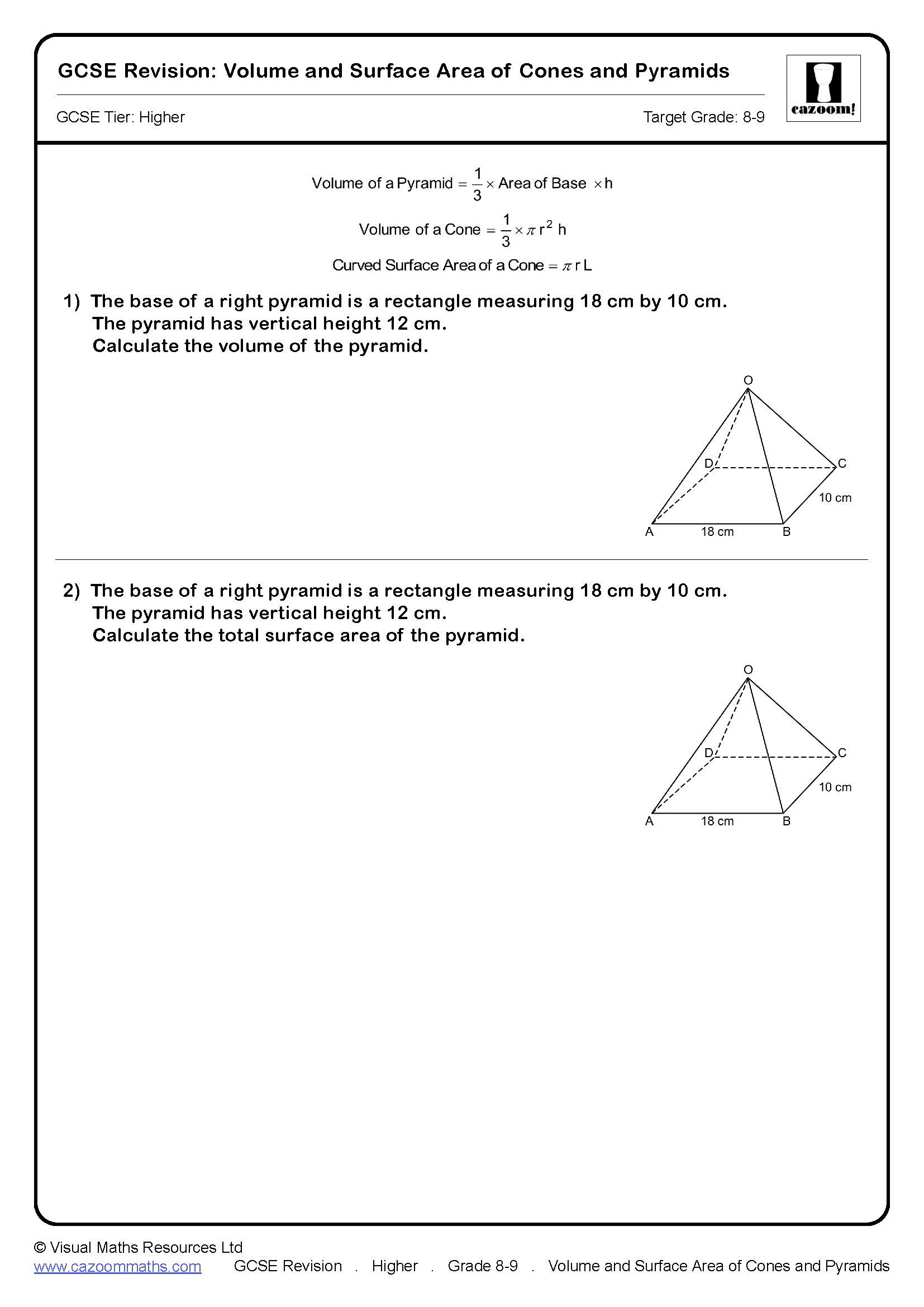 Preview of Volume and Surface Area of Cones and Pyramids