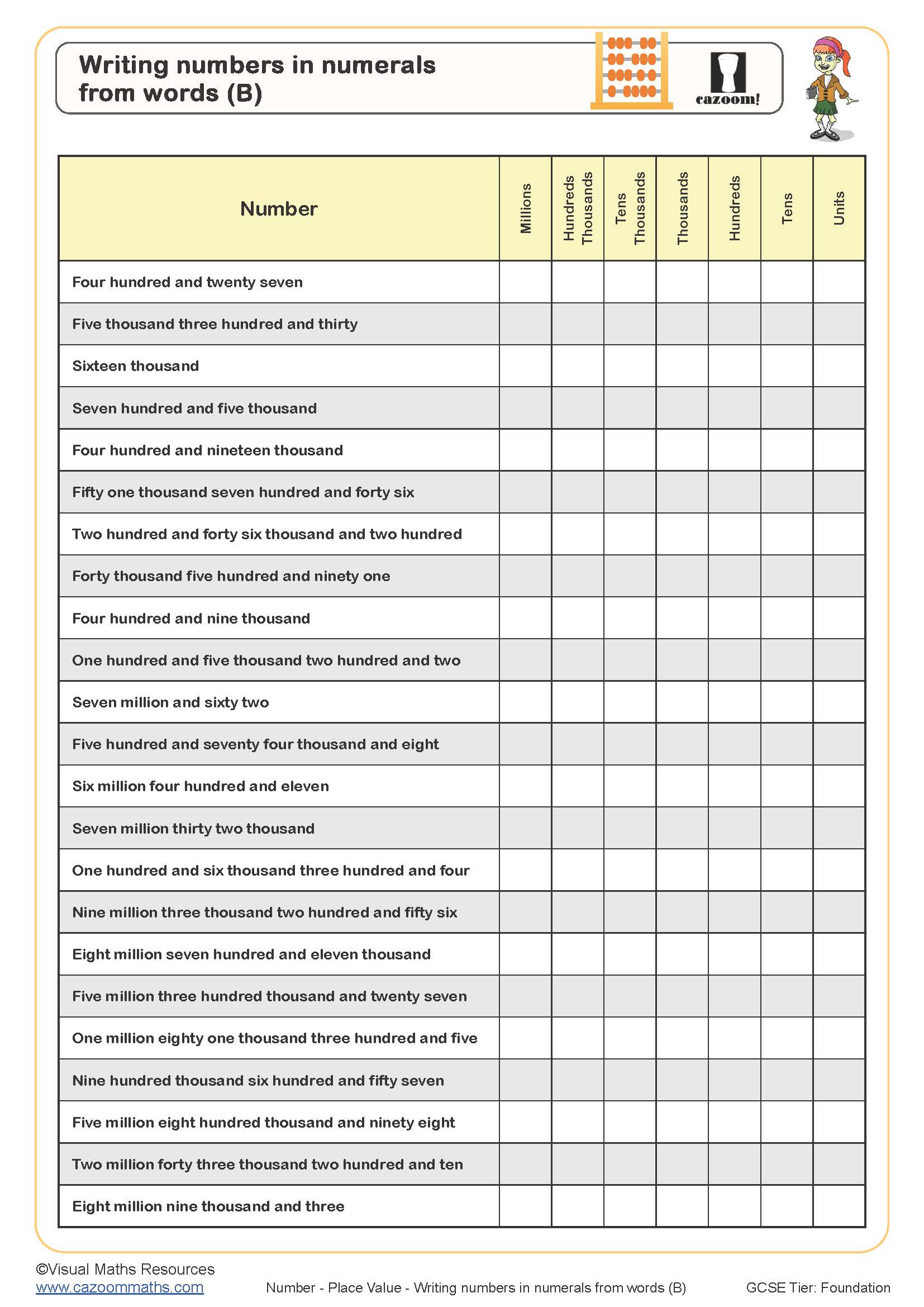 Preview of Writing Numbers in Numerials from Words (B)