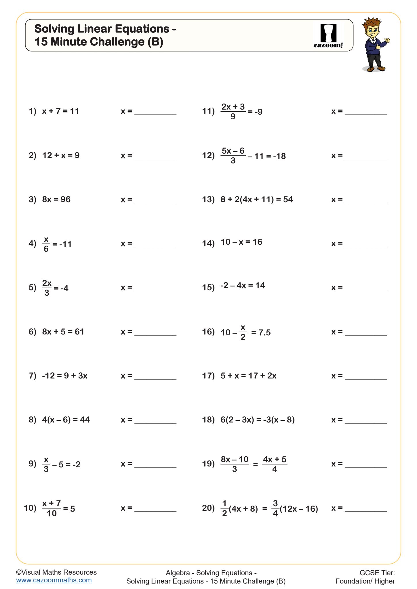 Preview of Solving Equations 15 Minute Challenge (B)