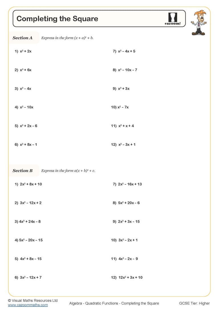 Composite Functions (A) Worksheet Cazoom Maths Worksheets