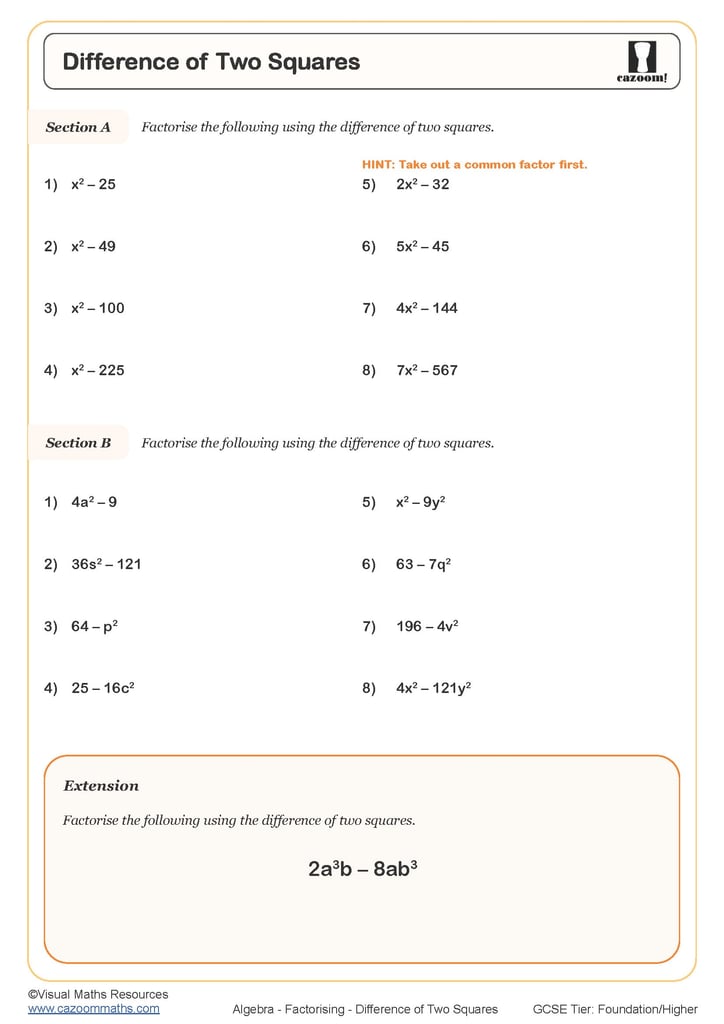 Difference Of Two Squares Worksheet Cazoom Maths Worksheets