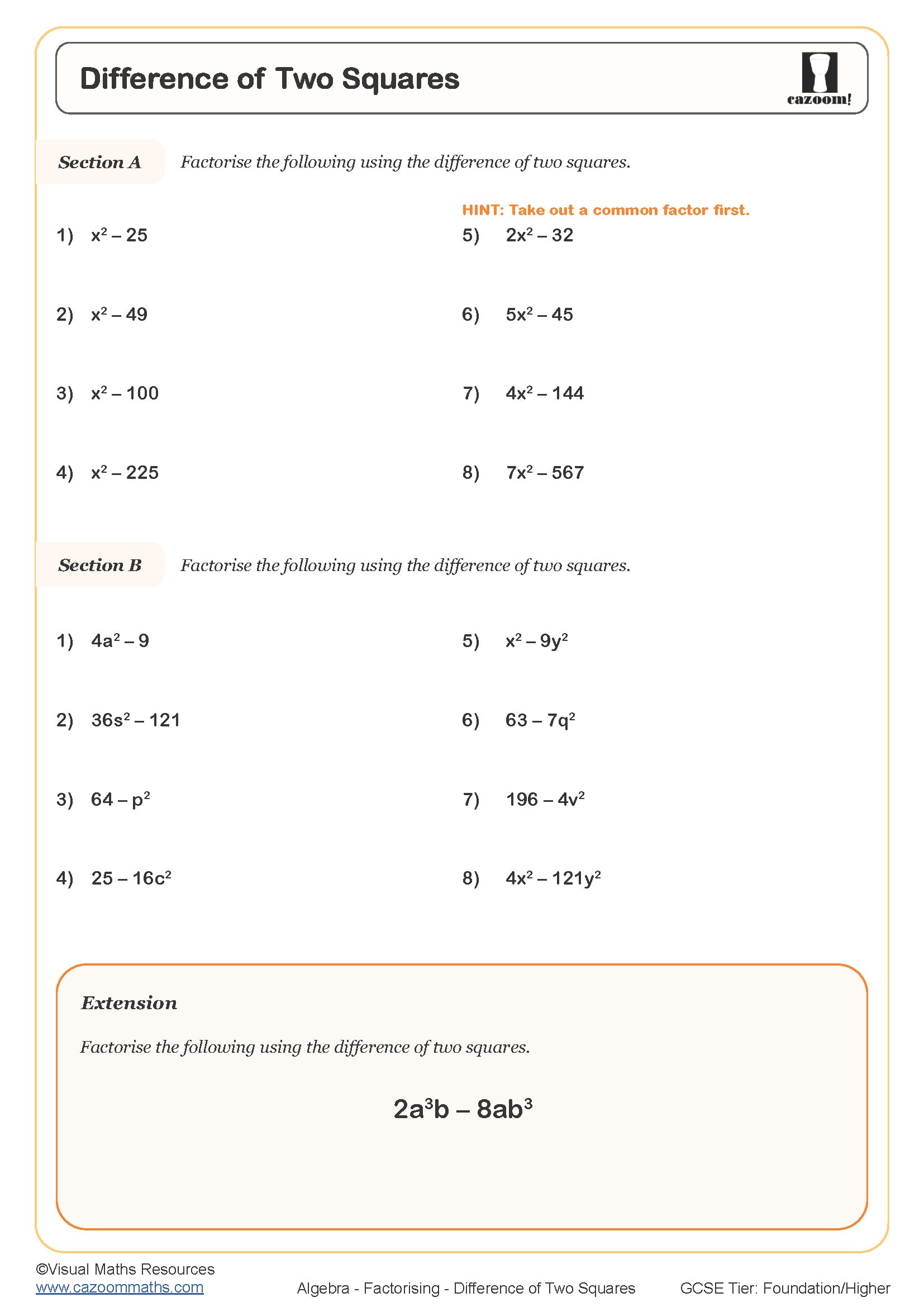 Difference of Two Squares Worksheet | Fun and Engaging PDF Worksheets