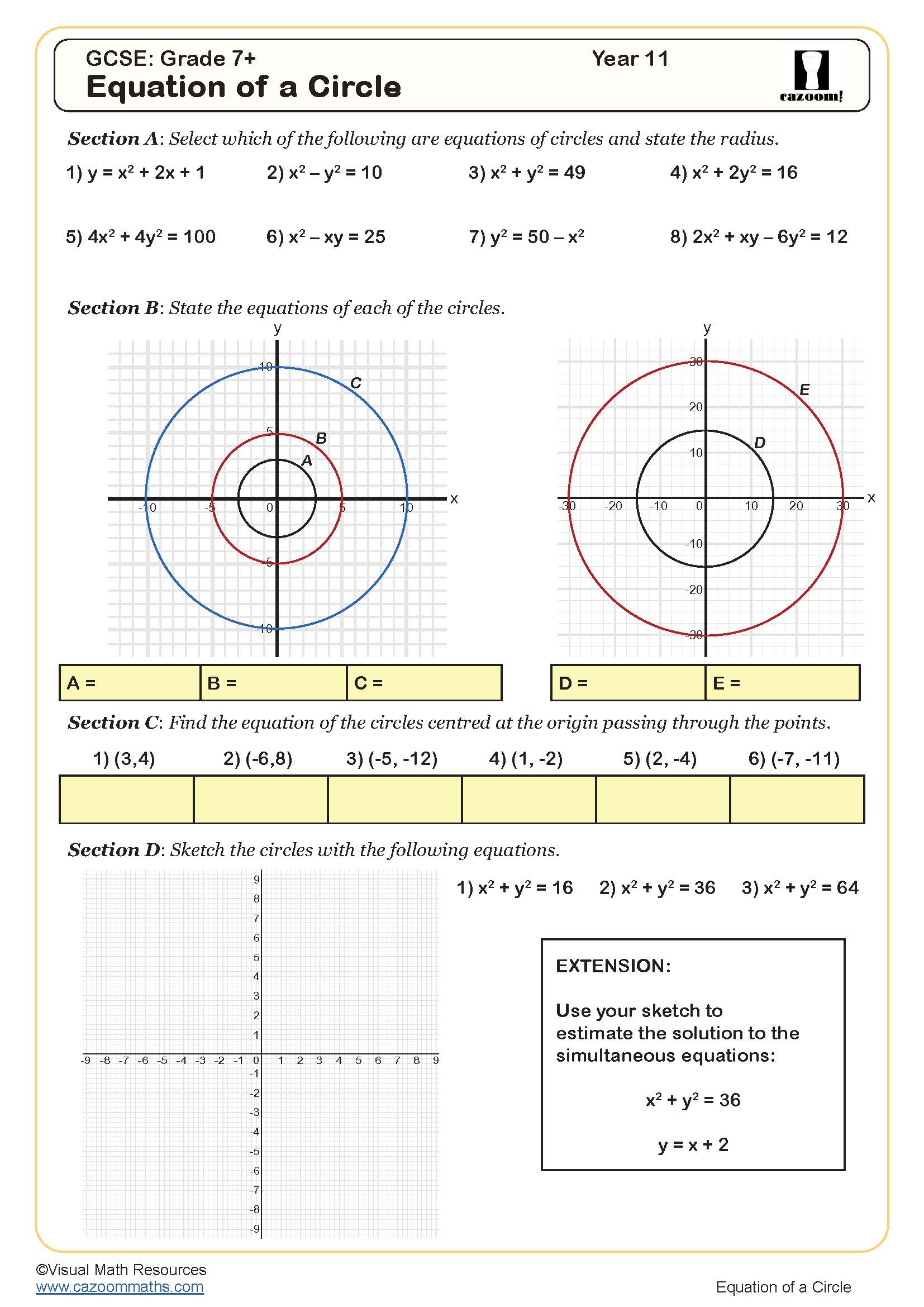 Equation of a circle Worksheet perfect for students in year 10 and year 11