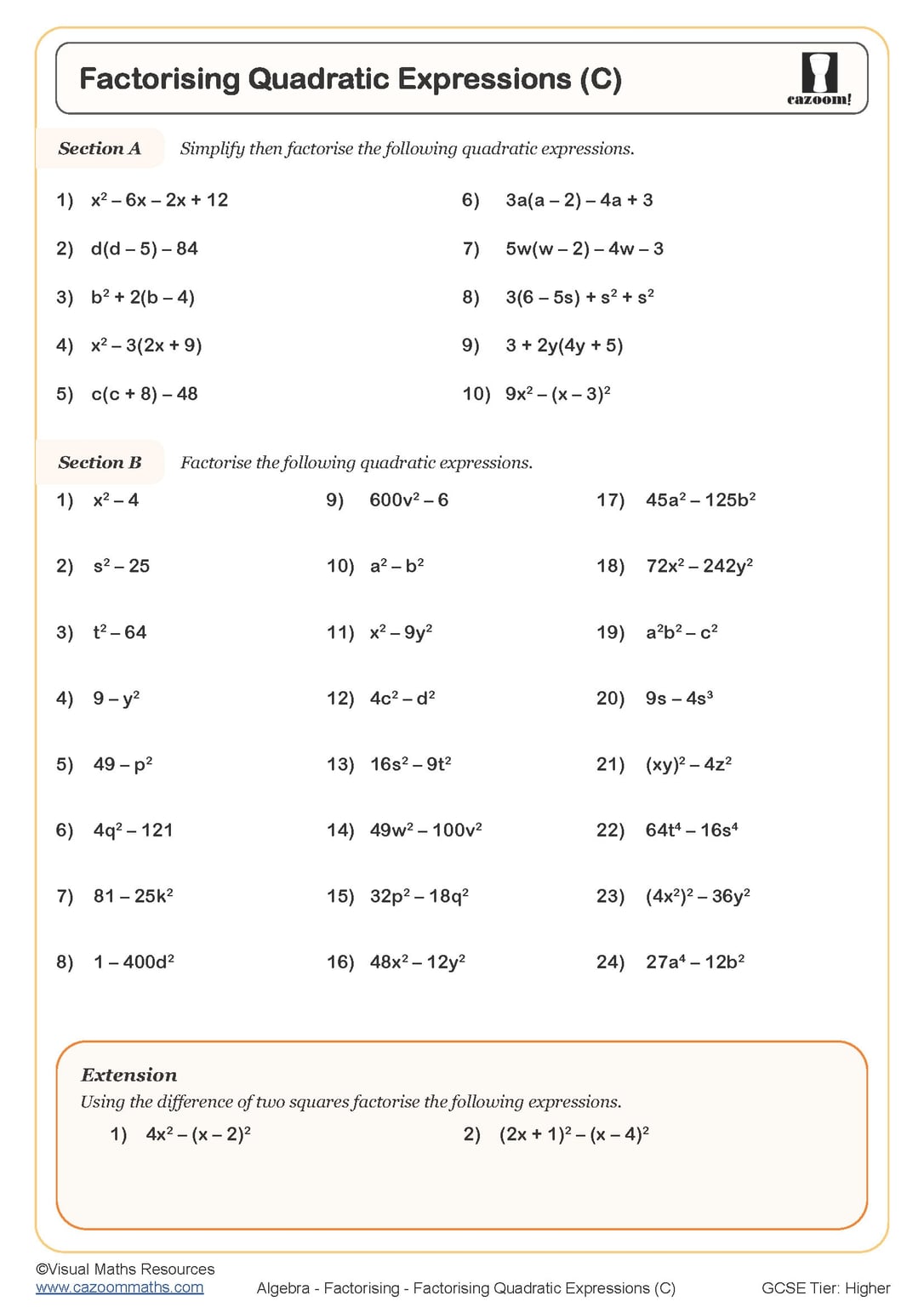 Factorising Expressions Worksheet Cazoom Maths Worksheets