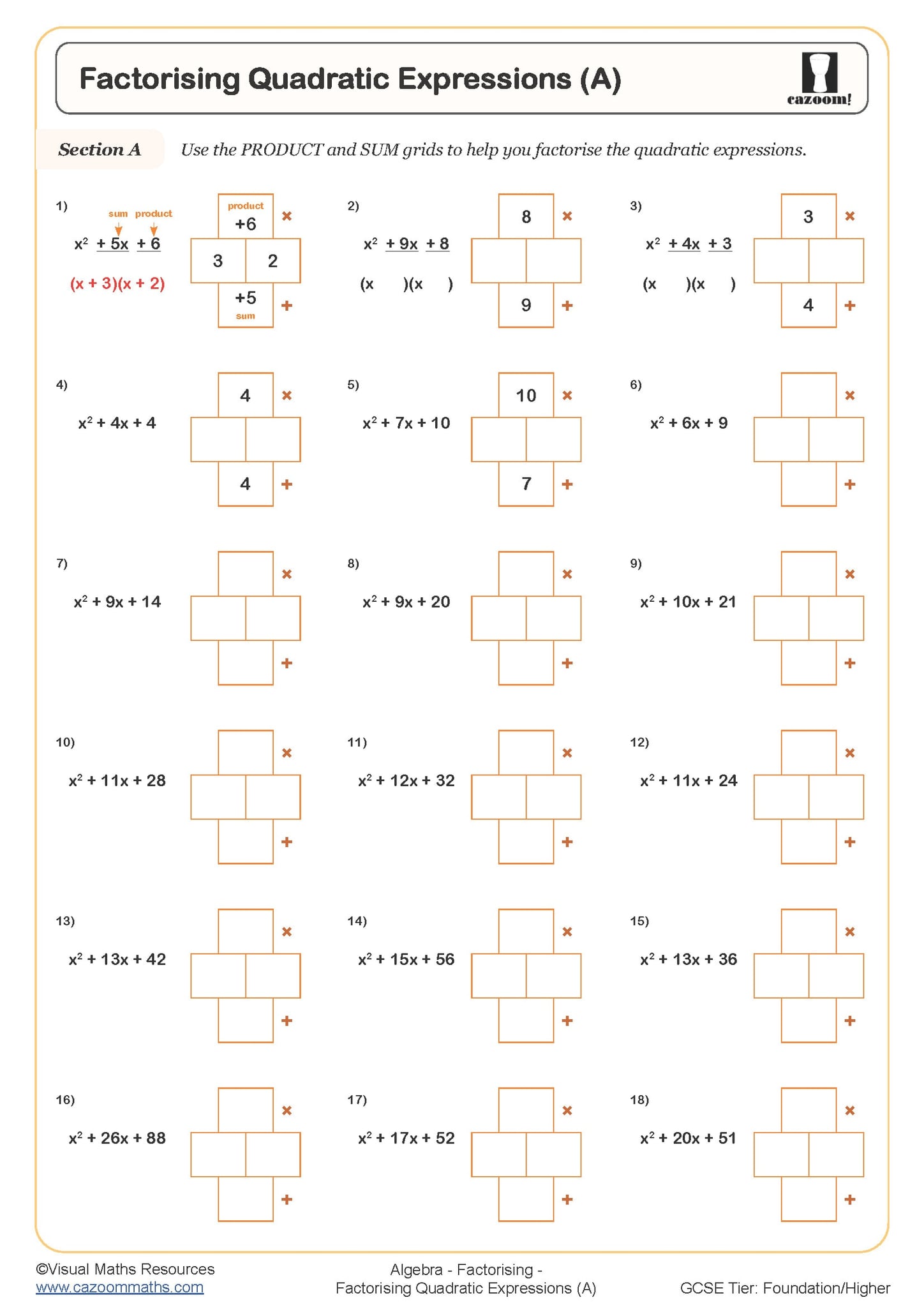 Factorising Expressions Worksheet Cazoom Maths Worksheets