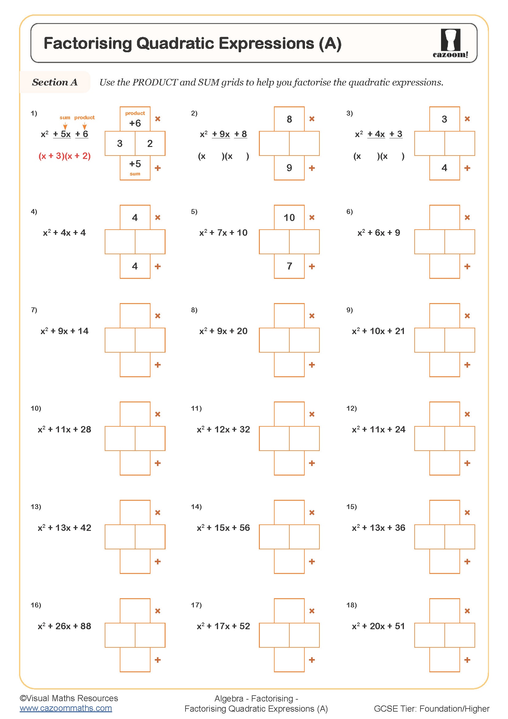 Factorising Quadratic Expressions (A) Worksheet Cazoom Maths Worksheets
