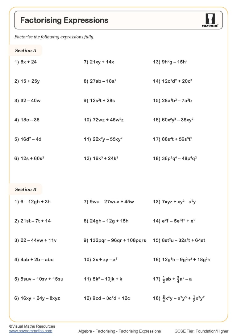 Factorising Quadratic Expressions C Worksheet Printable PDF Worksheets